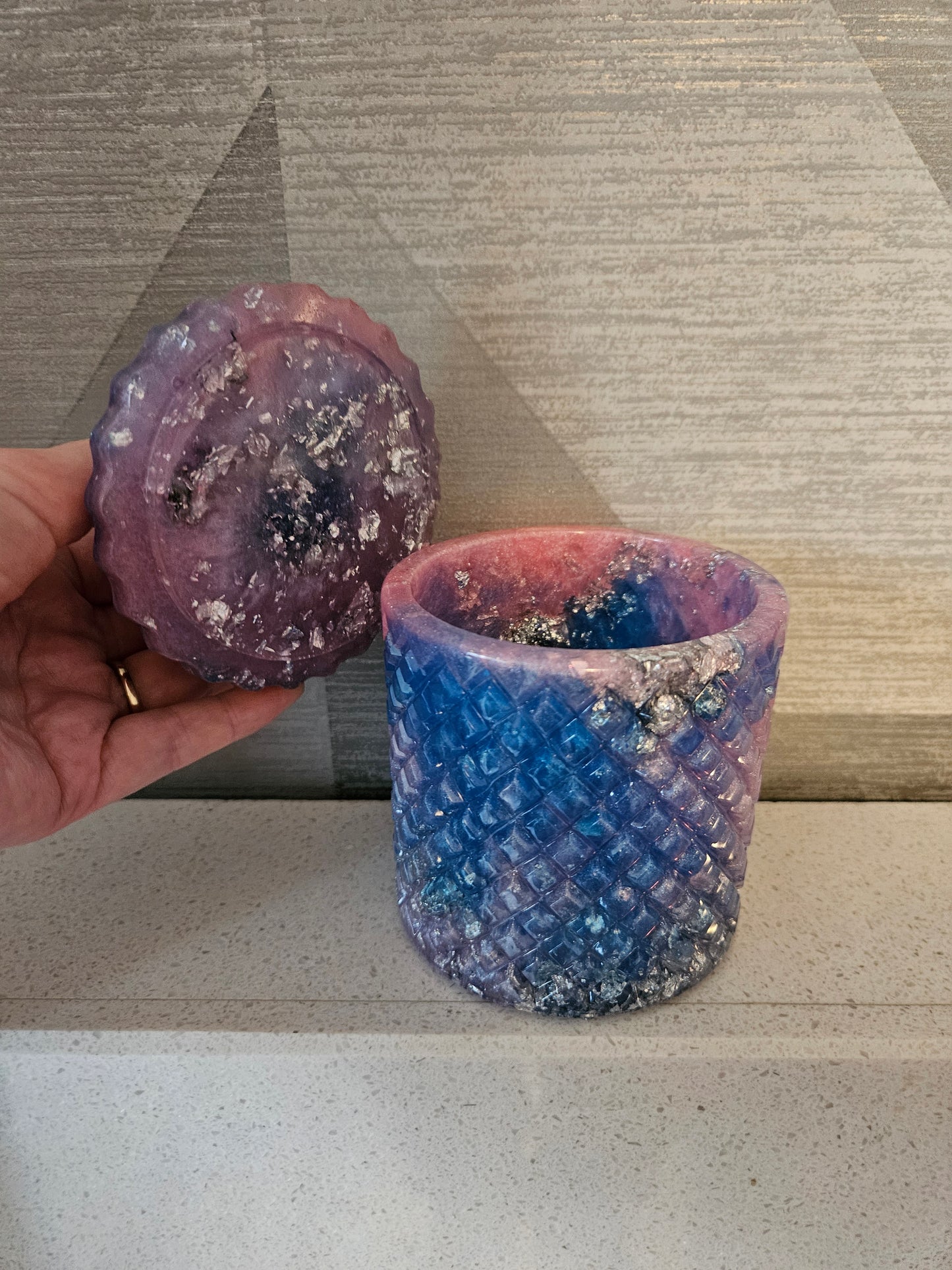 Antique vintage style resin trinket or storage pot/jar/Sparkly pink and blue and silver marble effect design/ holds jewellery/handcrafted