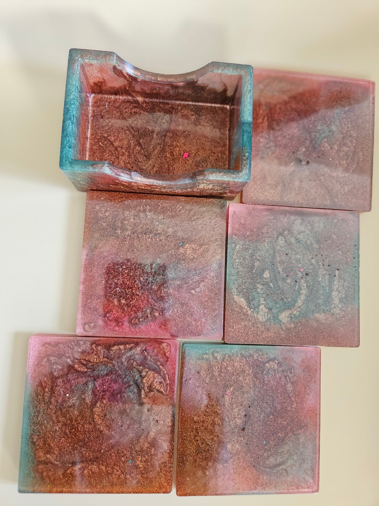 Resin Coaster Set of five with Stand/Red brown, copper and teal, stylish and colourful home decor/Unique gift for new home, birthday or Anniversary