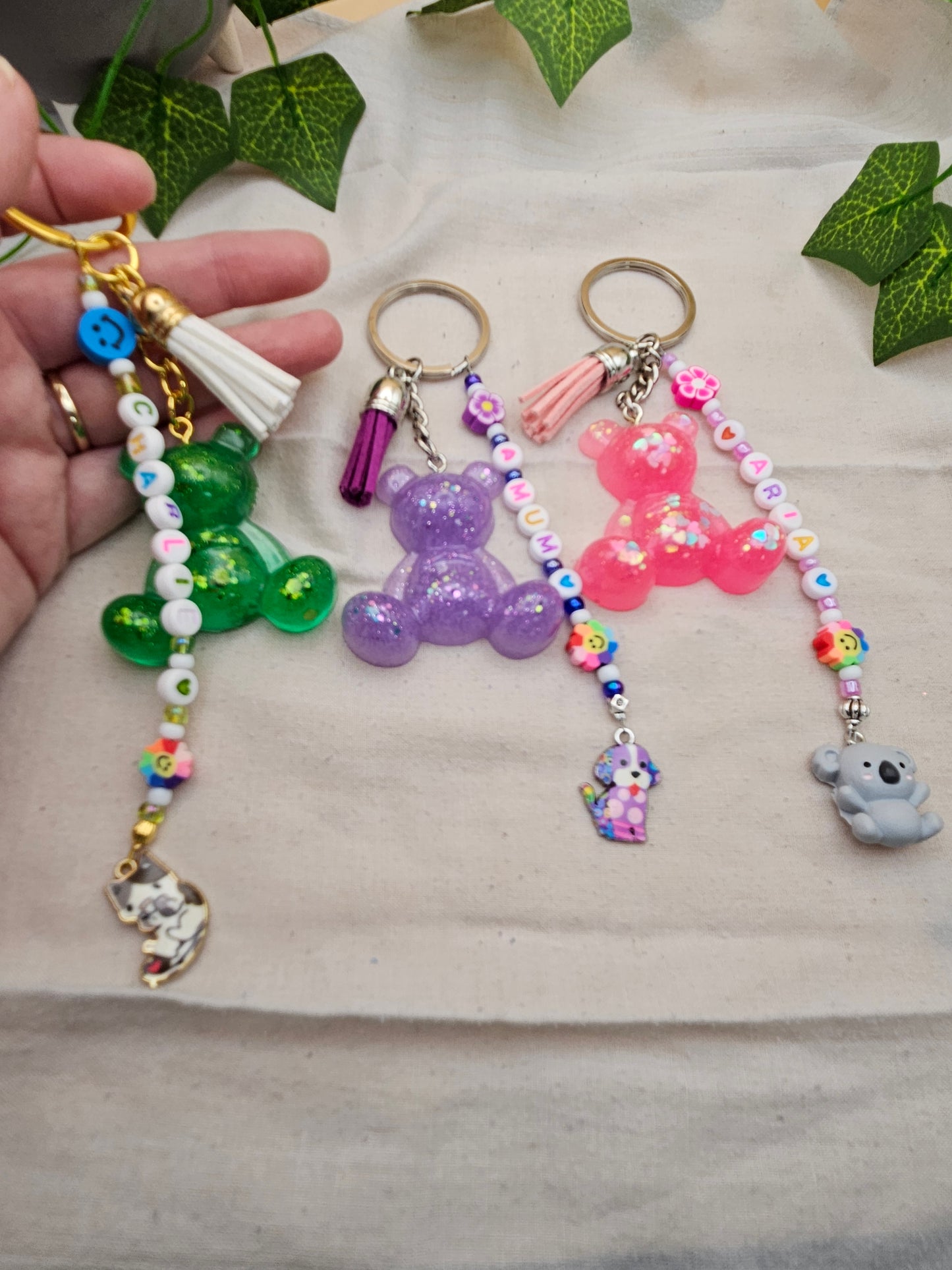 Made to Order Teddy Bear Bag Charm or Keyring Accessory/Personalised with a name or the words Best Friend in Letter beads with cute charms