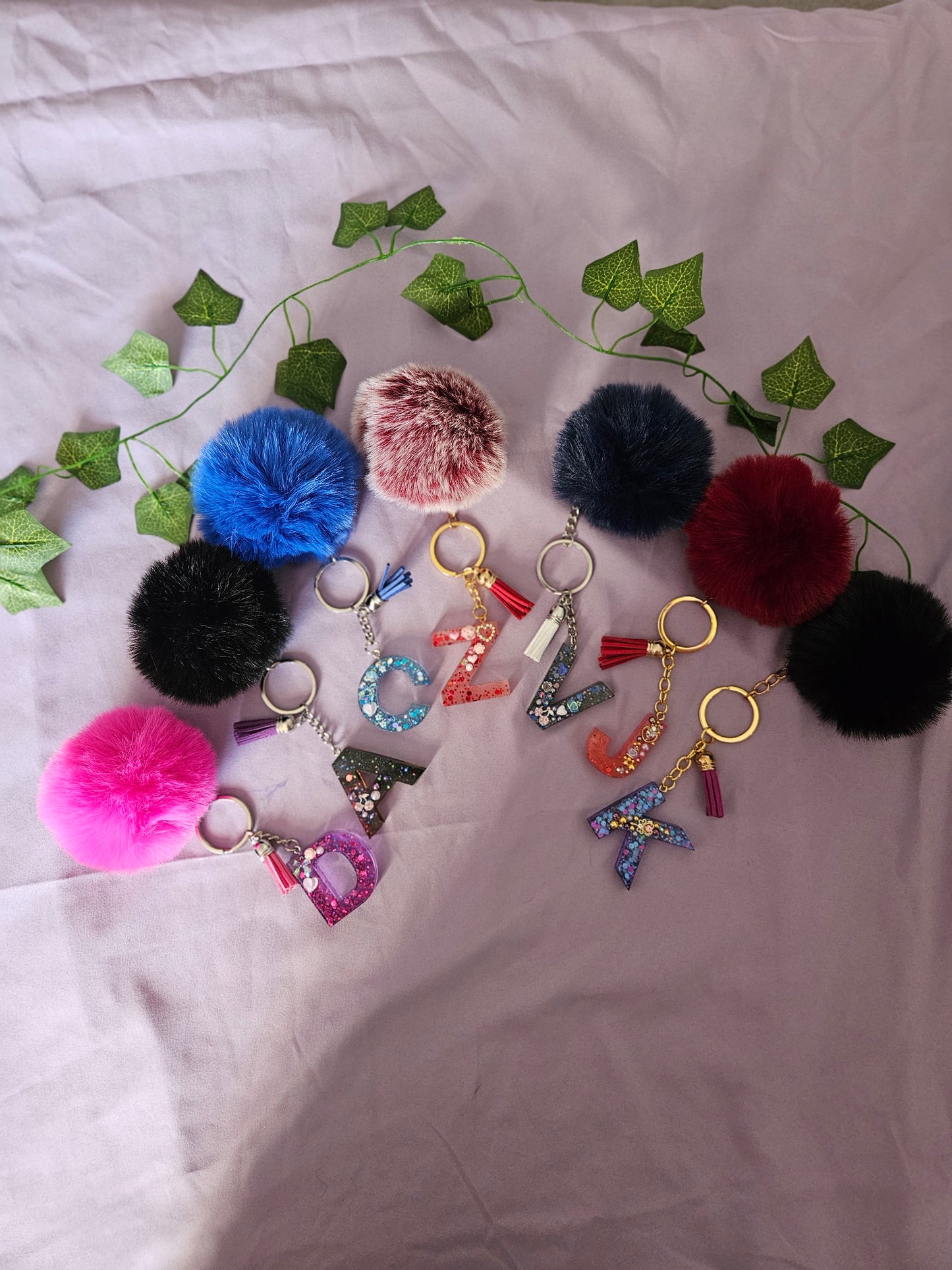 Personalised letter keyring with pom pom/resin embellished alphabet letter bag charm/made to order /bridesmaid party bag gifts/ birthday