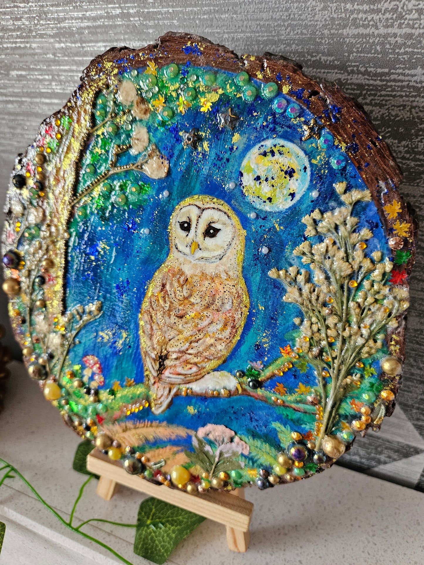 Large Wood Slice/hand painted plaque with owl and moon night theme/whimsical and embellished painting/unique one of a kind, handcrafted artwork/new home or birthday gift for bird/nature/whimsy lover