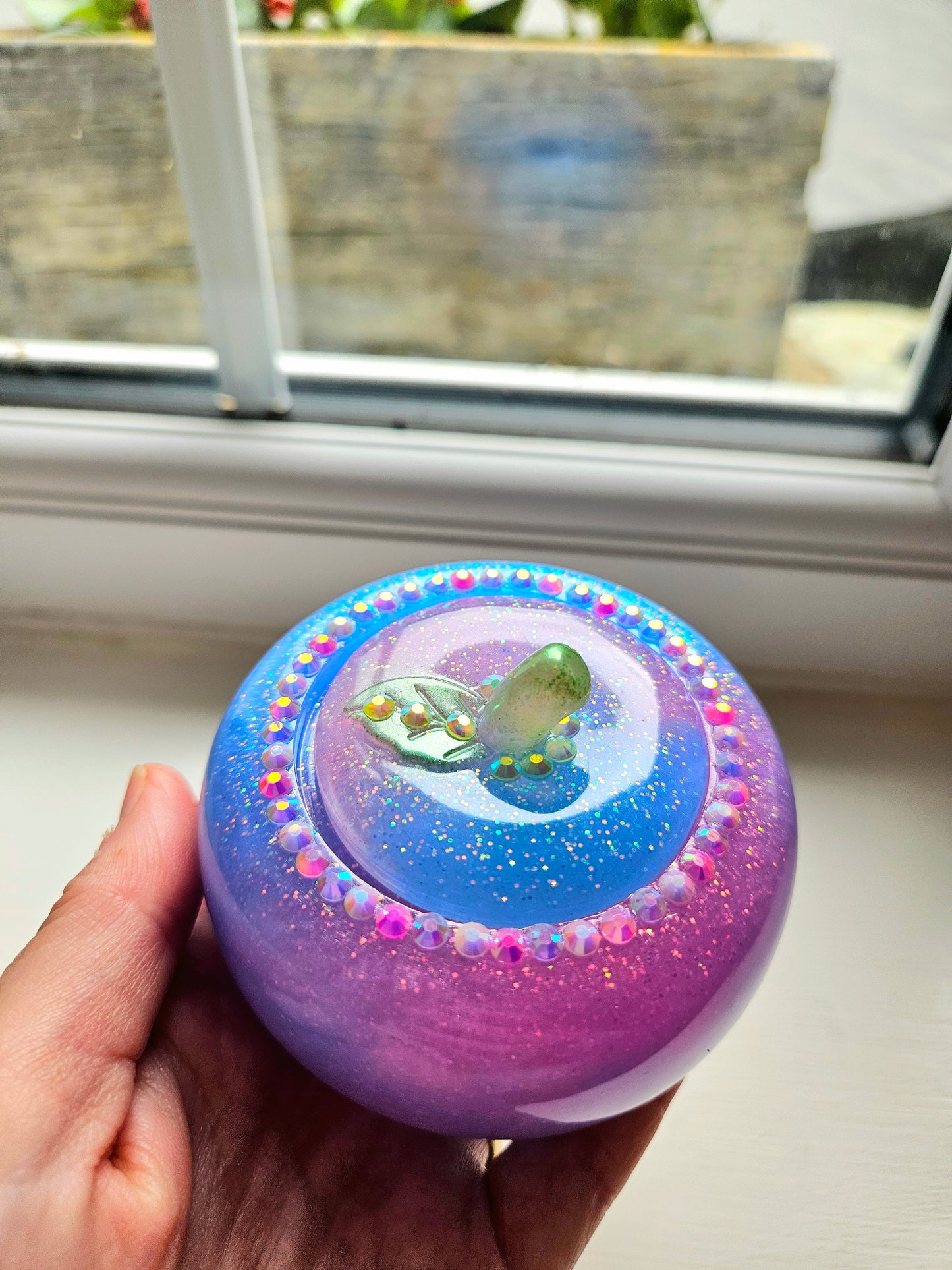 Sparkly Pink/Blue Apple Trinket pot/Rhinestone jewellery dish or keepsake storage holder/handcrafted resin home decor/functional artpiece/Cute Birthday gift