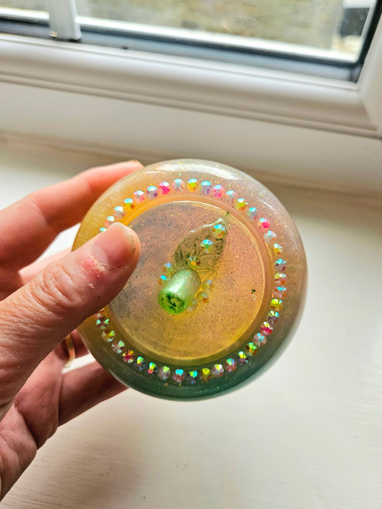 Sparkly Yellow/ Pink and Blue Apple Trinket pot/Rhinestone jewellery dish or keepsake storage holder/handcrafted resin home decor/functional artpiece/Cute Birthday gift