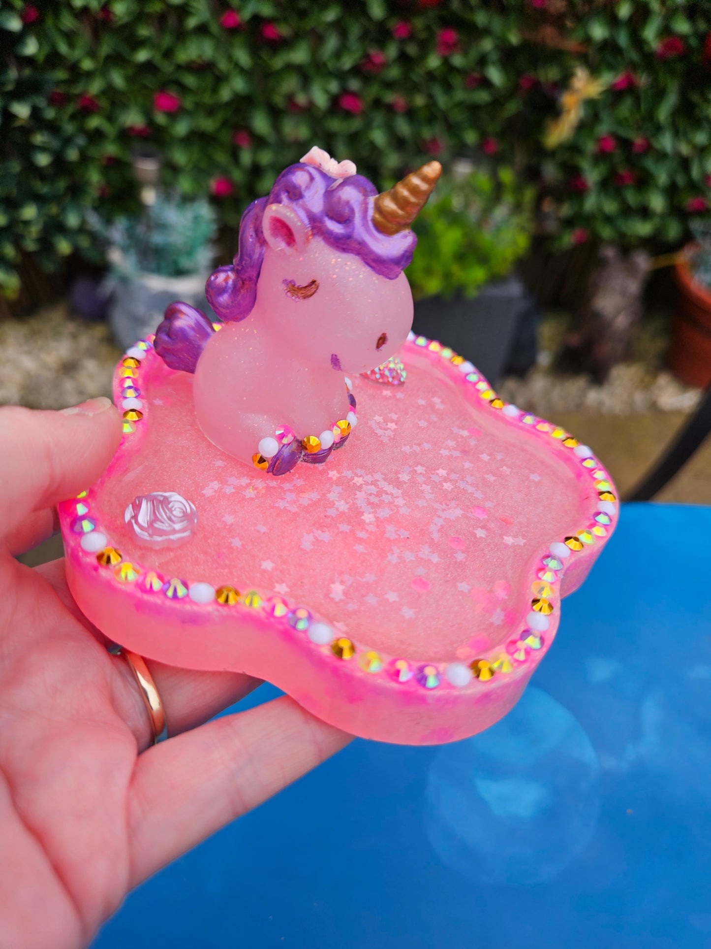 Pink rhinestone unicorn trinket dish/pretty resin jewellery holder/decorative and sparkly girls cute room decor