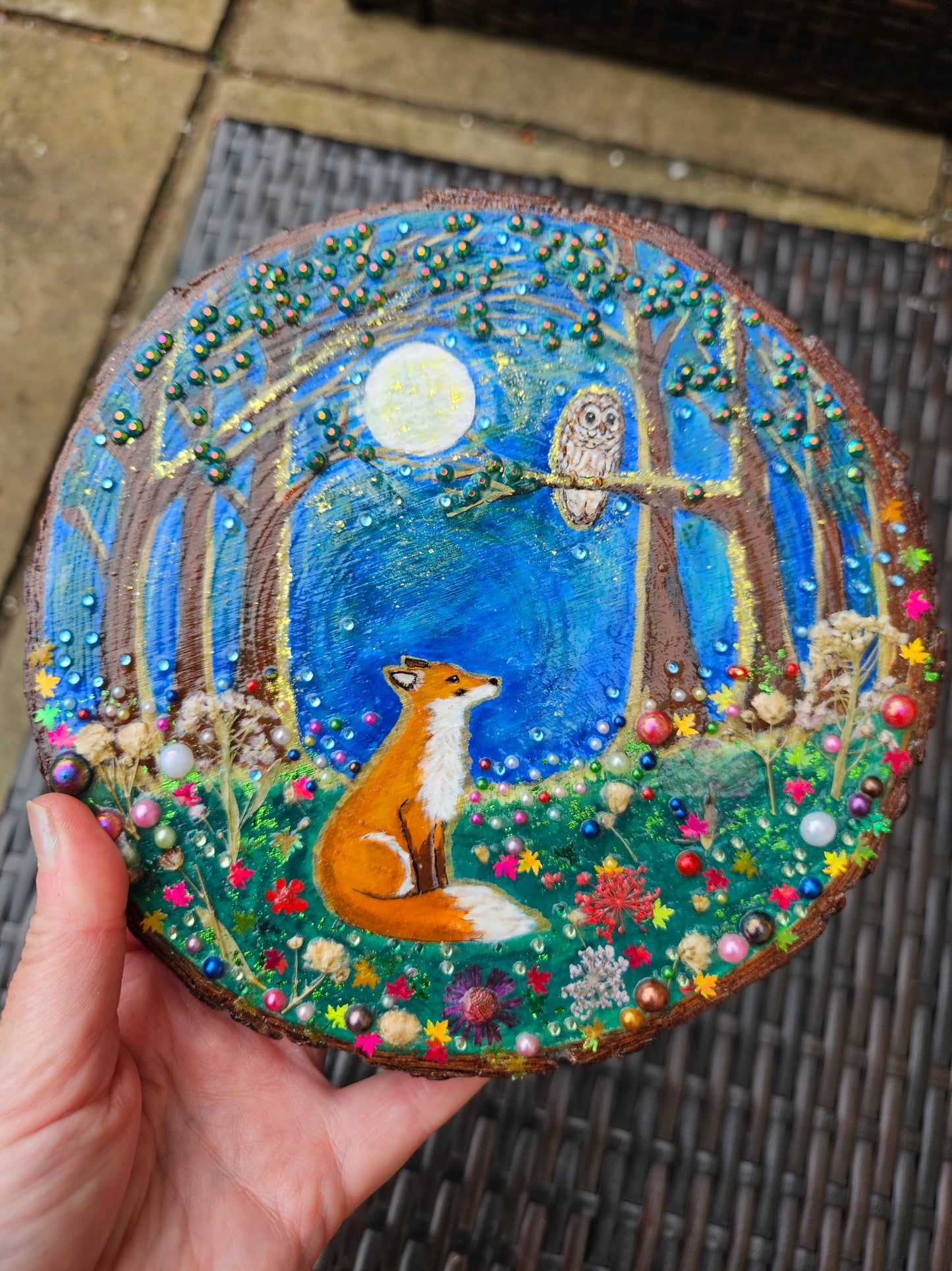 Large Wood Slice/hand painted plaque with fox and owl/whimsical and embellished painting/unique one of a kind, handcrafted artwork/new home or birthday gift for animal/whimsy lover