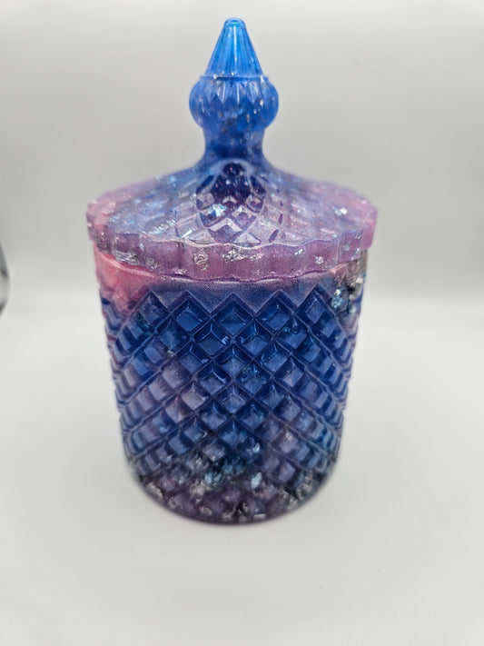 Antique vintage style resin trinket or storage pot/jar/Sparkly pink and blue and  silver marble effect design/ holds jewellery/handcrafted