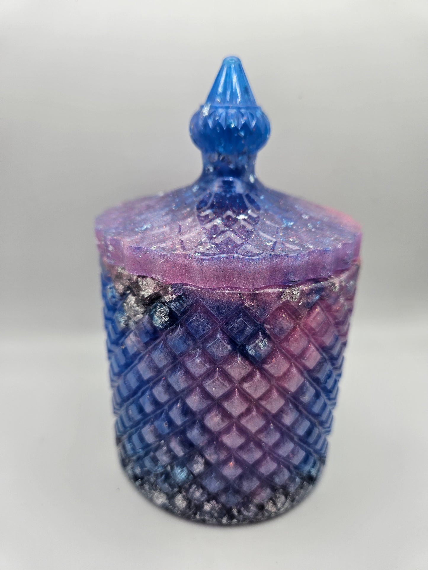 Antique vintage style resin trinket or storage pot/jar/Sparkly pink and blue and  silver marble effect design/ holds jewellery/handcrafted
