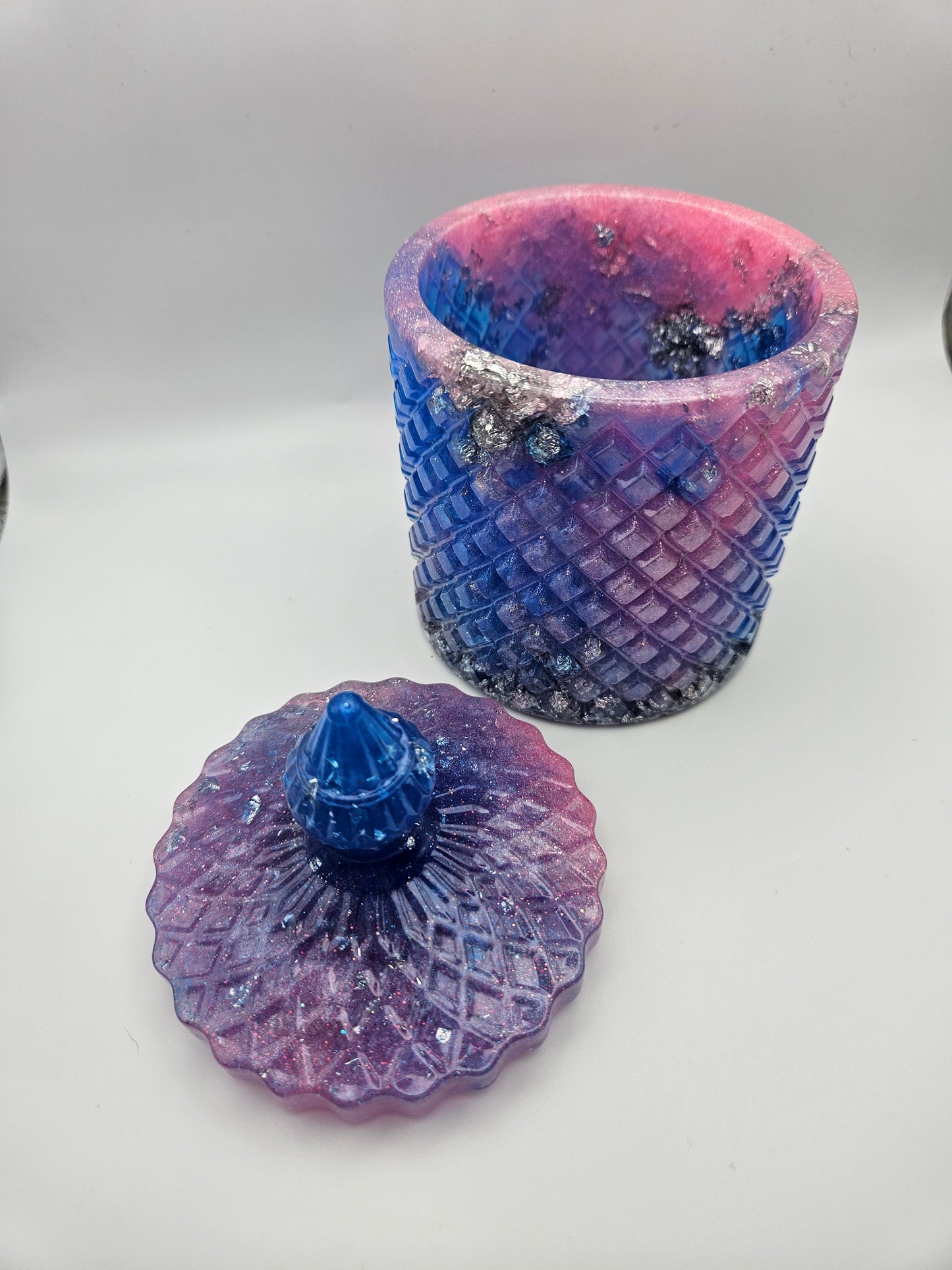 Antique vintage style resin trinket or storage pot/jar/Sparkly pink and blue and  silver marble effect design/ holds jewellery/handcrafted