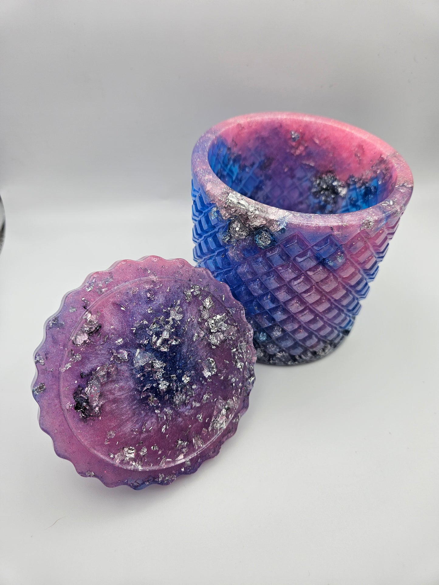 Antique vintage style resin trinket or storage pot/jar/Sparkly pink and blue and  silver marble effect design/ holds jewellery/handcrafted