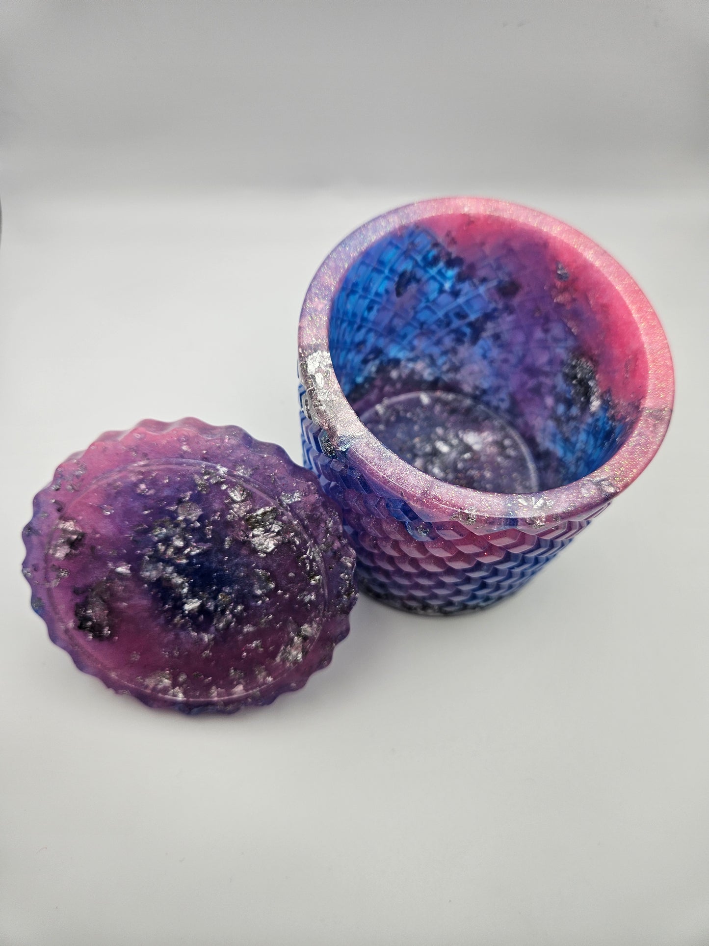 Antique vintage style resin trinket or storage pot/jar/Sparkly pink and blue and  silver marble effect design/ holds jewellery/handcrafted