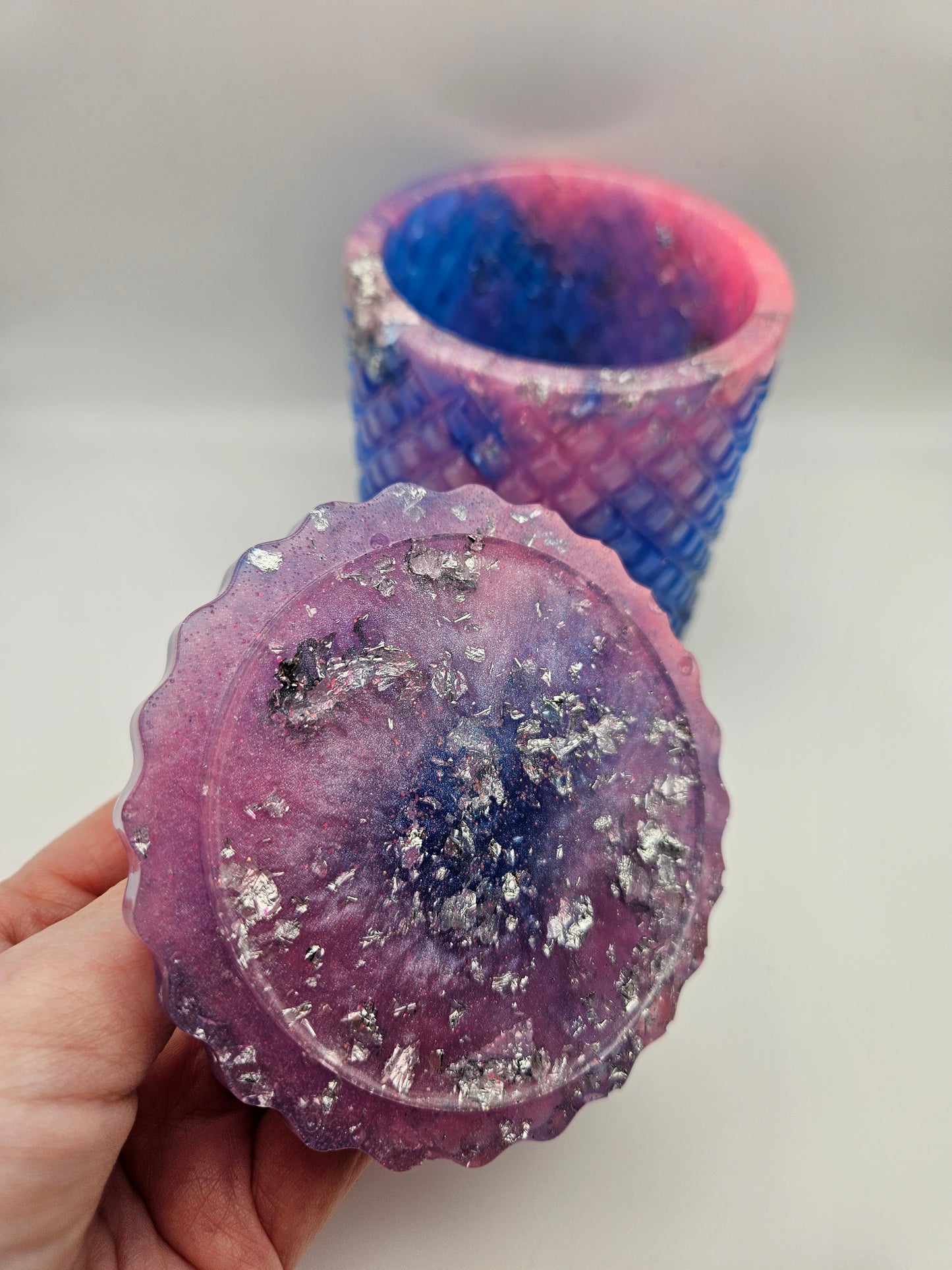 Antique vintage style resin trinket or storage pot/jar/Sparkly pink and blue and  silver marble effect design/ holds jewellery/handcrafted