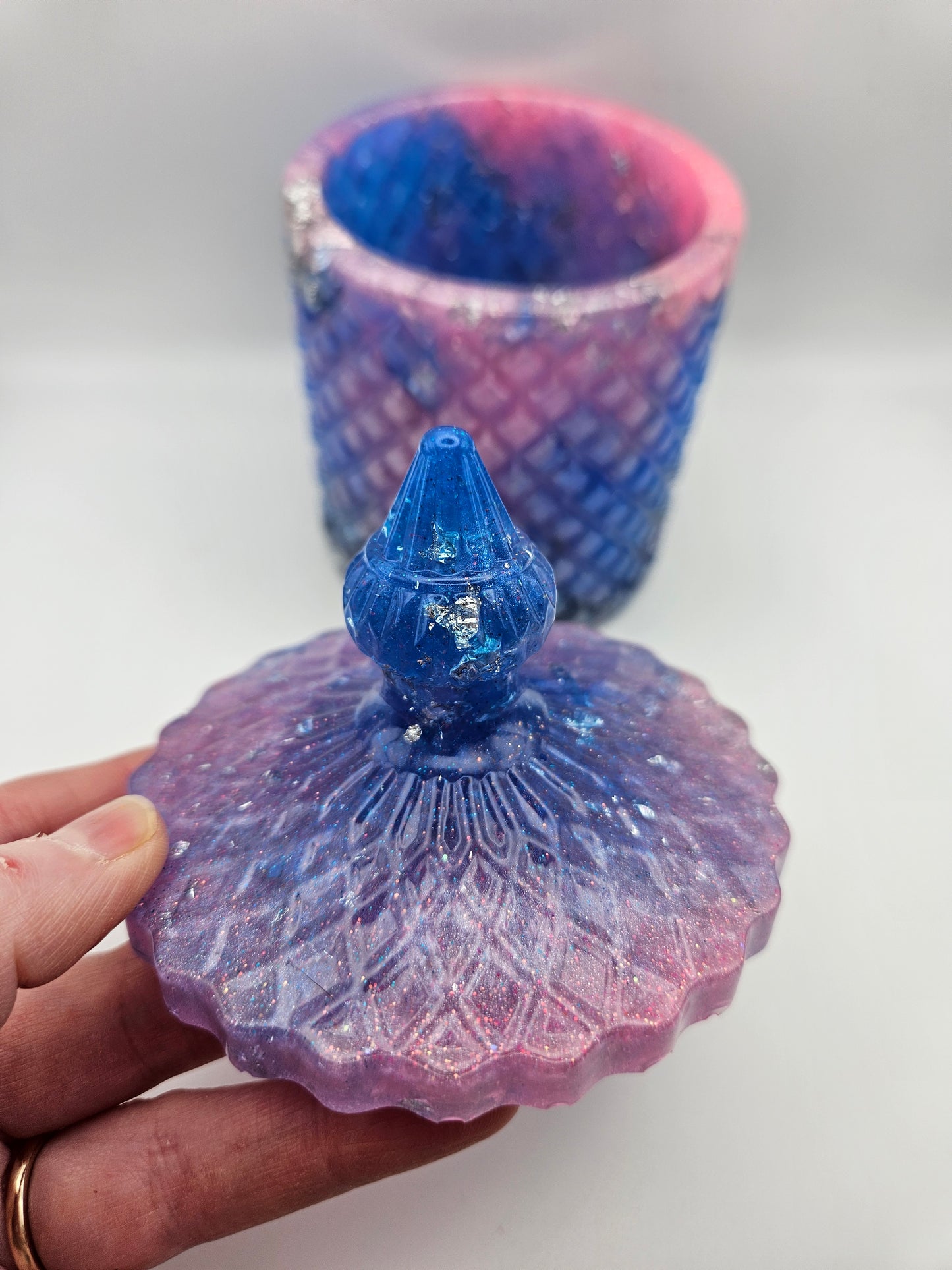 Antique vintage style resin trinket or storage pot/jar/Sparkly pink and blue and  silver marble effect design/ holds jewellery/handcrafted