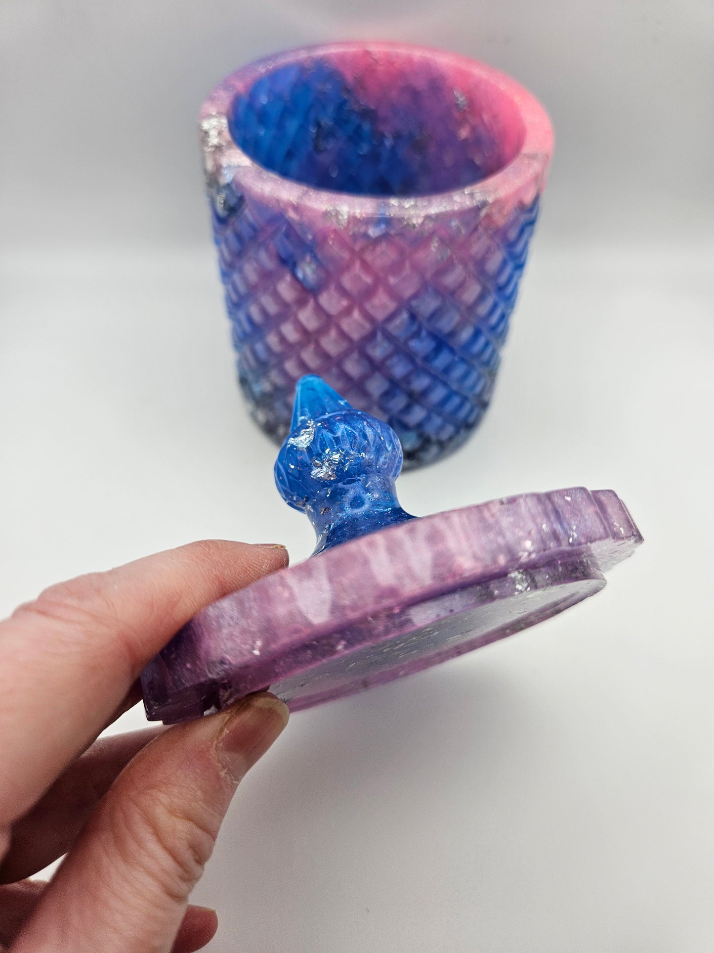Antique vintage style resin trinket or storage pot/jar/Sparkly pink and blue and  silver marble effect design/ holds jewellery/handcrafted
