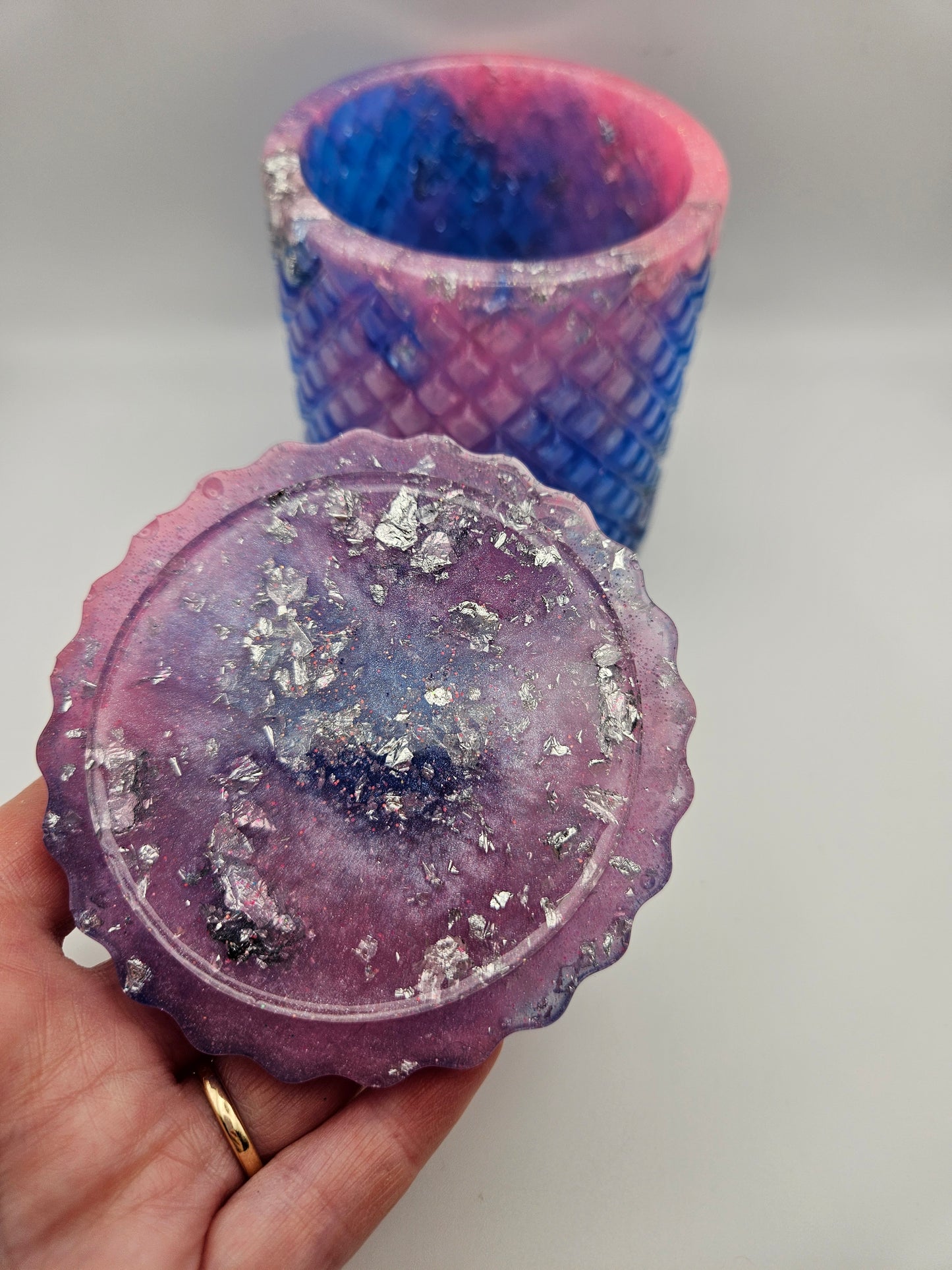 Antique vintage style resin trinket or storage pot/jar/Sparkly pink and blue and  silver marble effect design/ holds jewellery/handcrafted