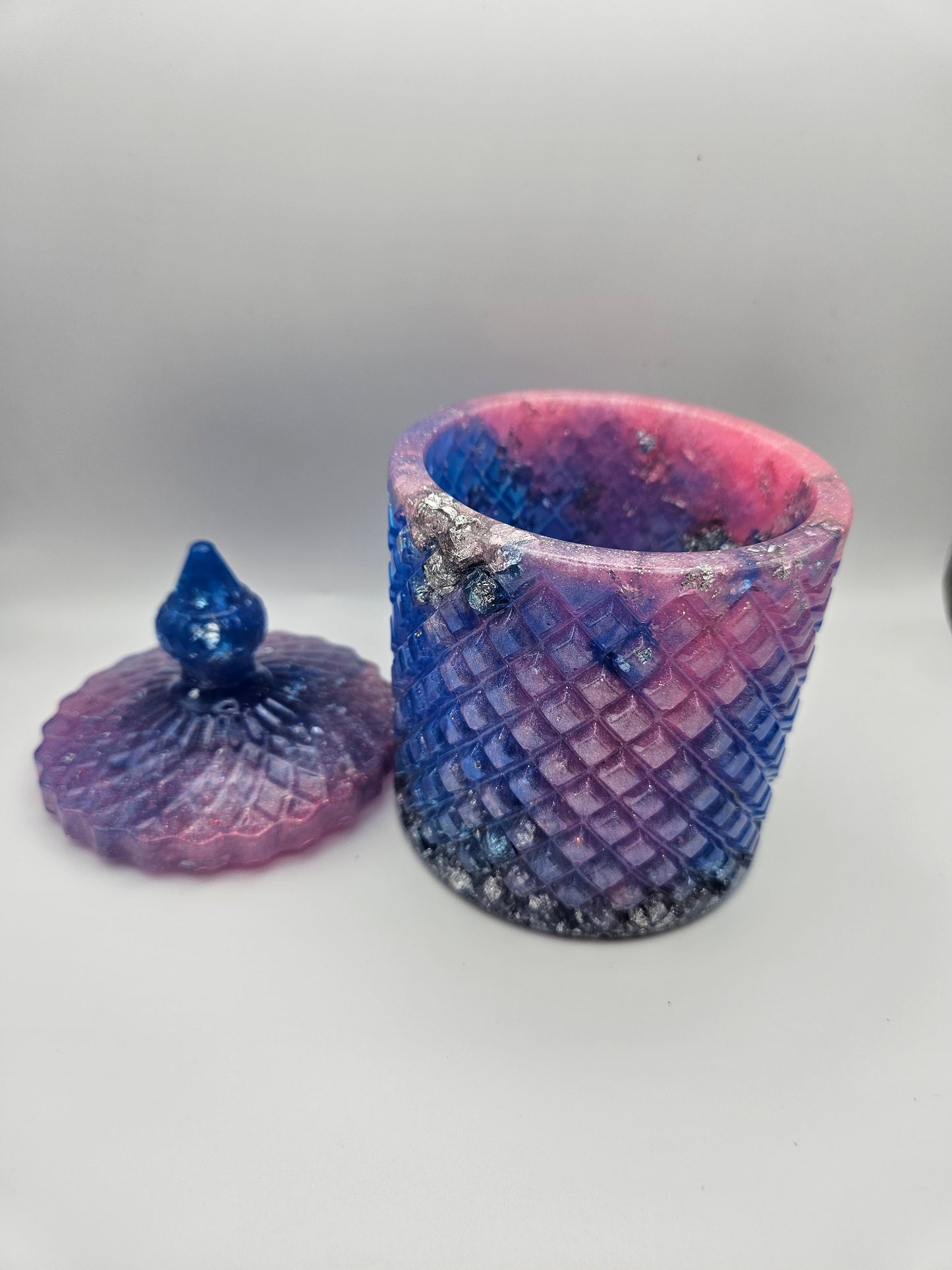 Antique vintage style resin trinket or storage pot/jar/Sparkly pink and blue and  silver marble effect design/ holds jewellery/handcrafted