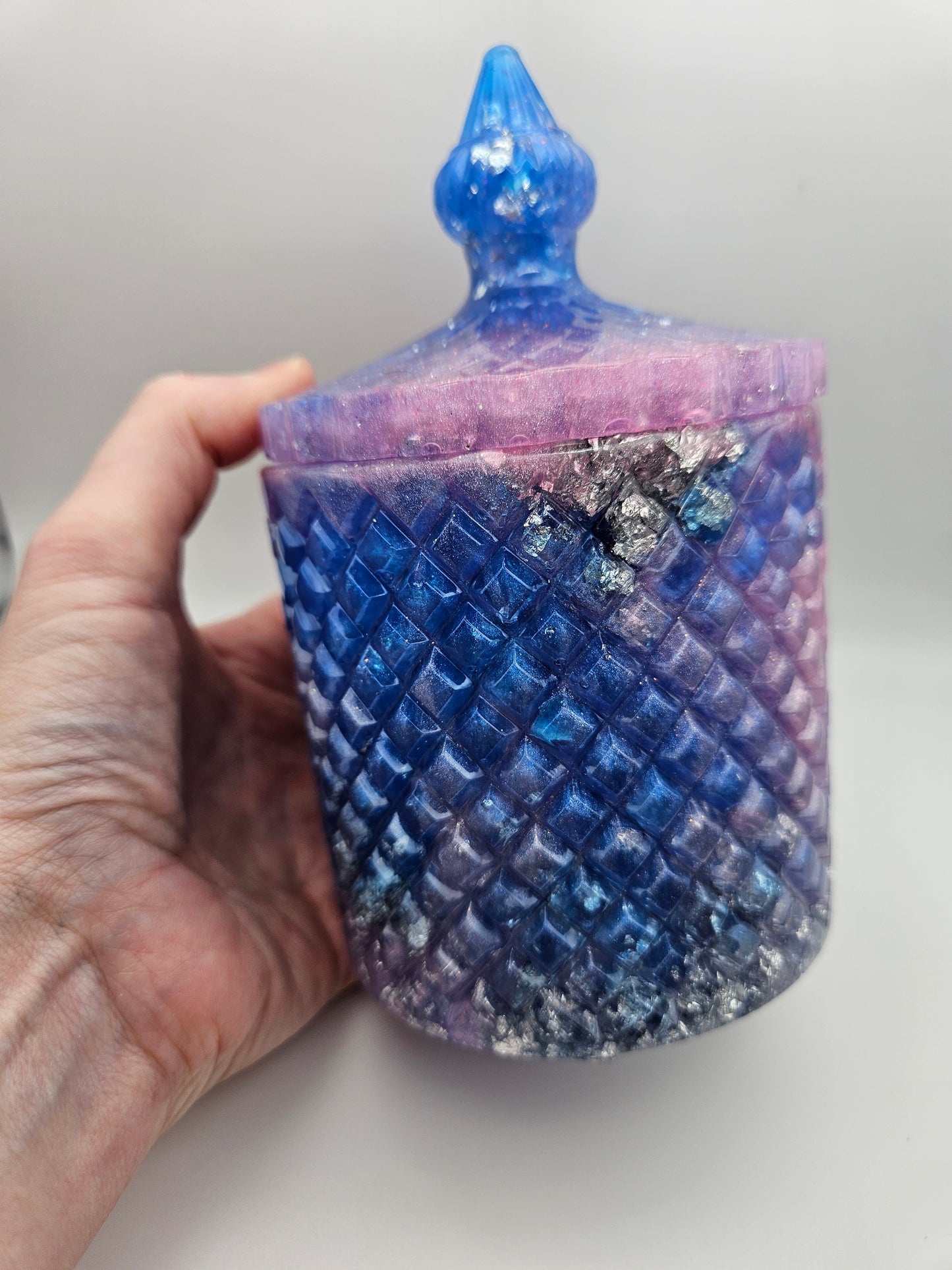 Antique vintage style resin trinket or storage pot/jar/Sparkly pink and blue and  silver marble effect design/ holds jewellery/handcrafted