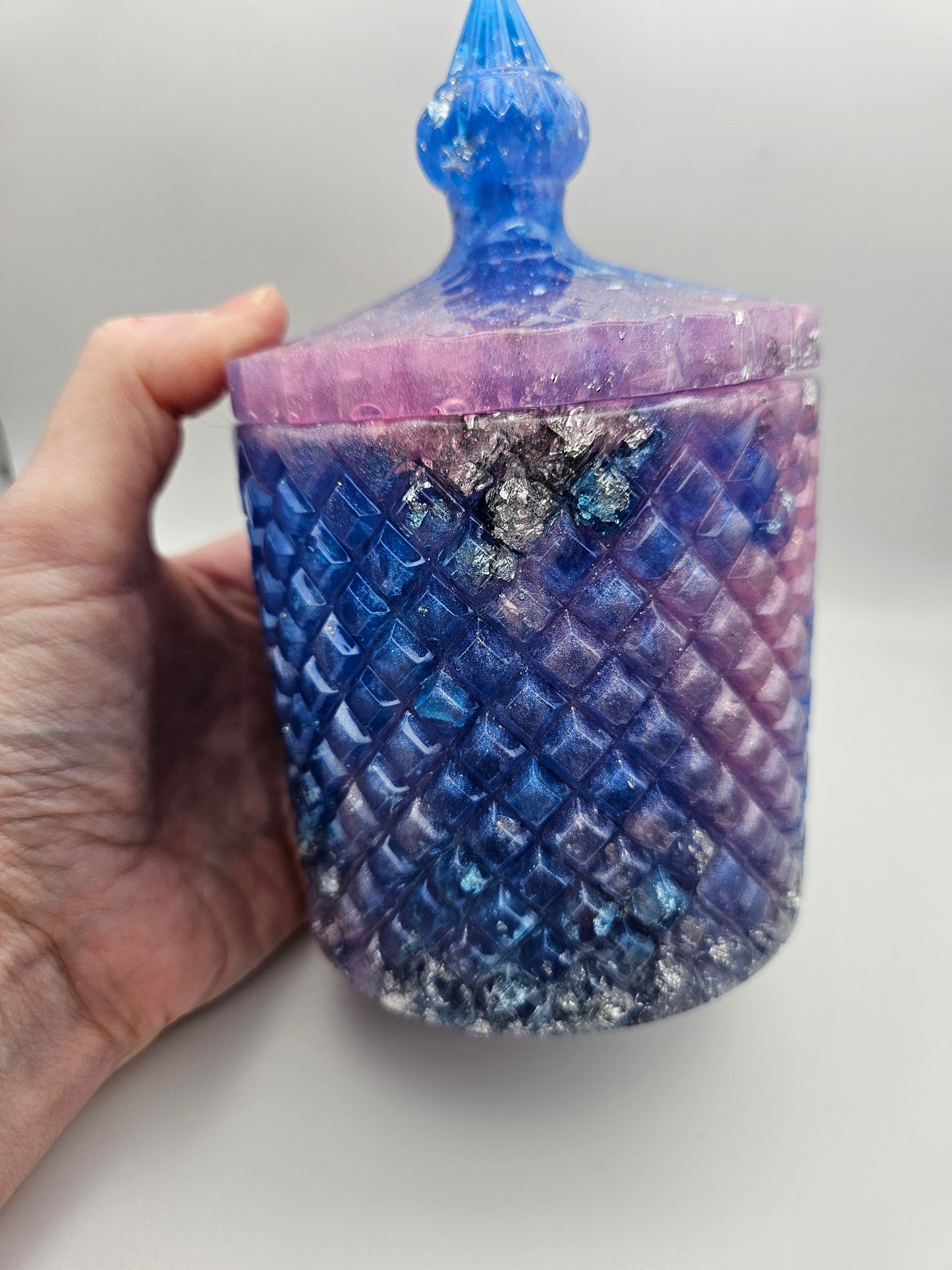 Antique vintage style resin trinket or storage pot/jar/Sparkly pink and blue and  silver marble effect design/ holds jewellery/handcrafted