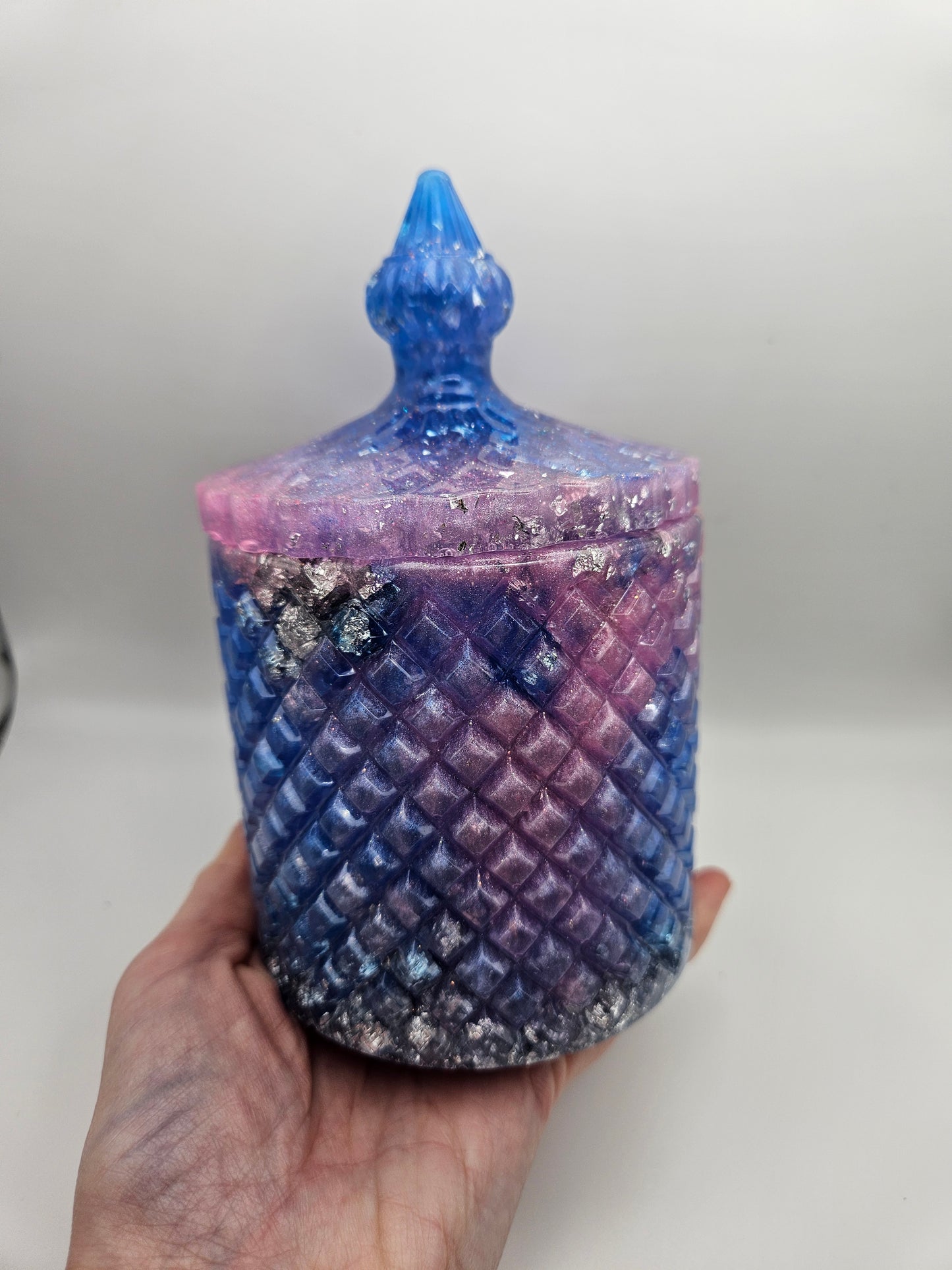 Antique vintage style resin trinket or storage pot/jar/Sparkly pink and blue and  silver marble effect design/ holds jewellery/handcrafted