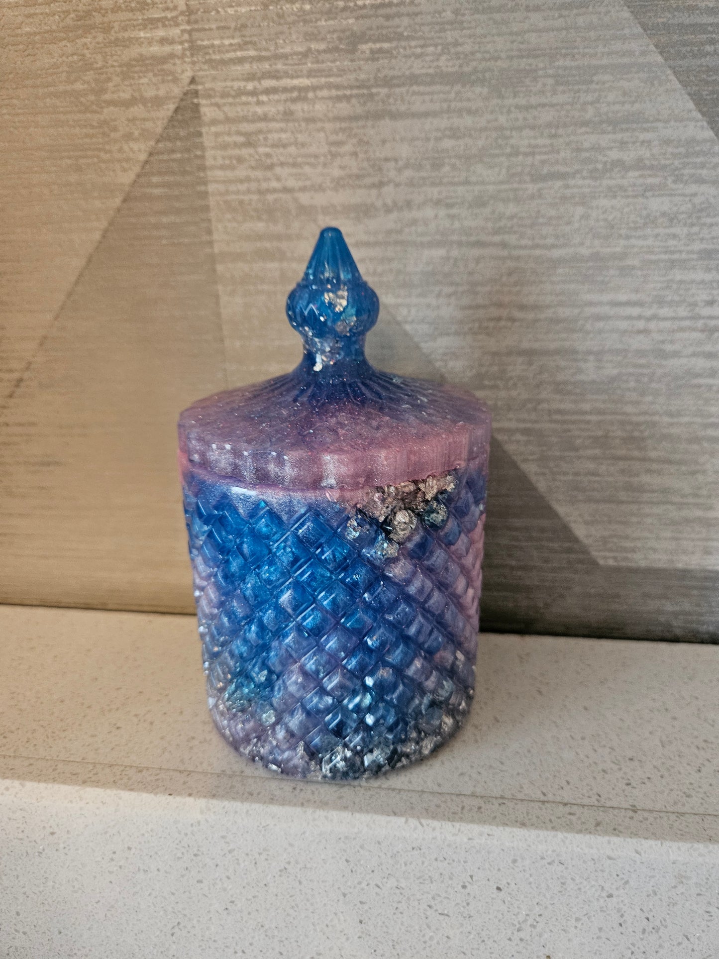 Antique vintage style resin trinket or storage pot/jar/Sparkly pink and blue and  silver marble effect design/ holds jewellery/handcrafted