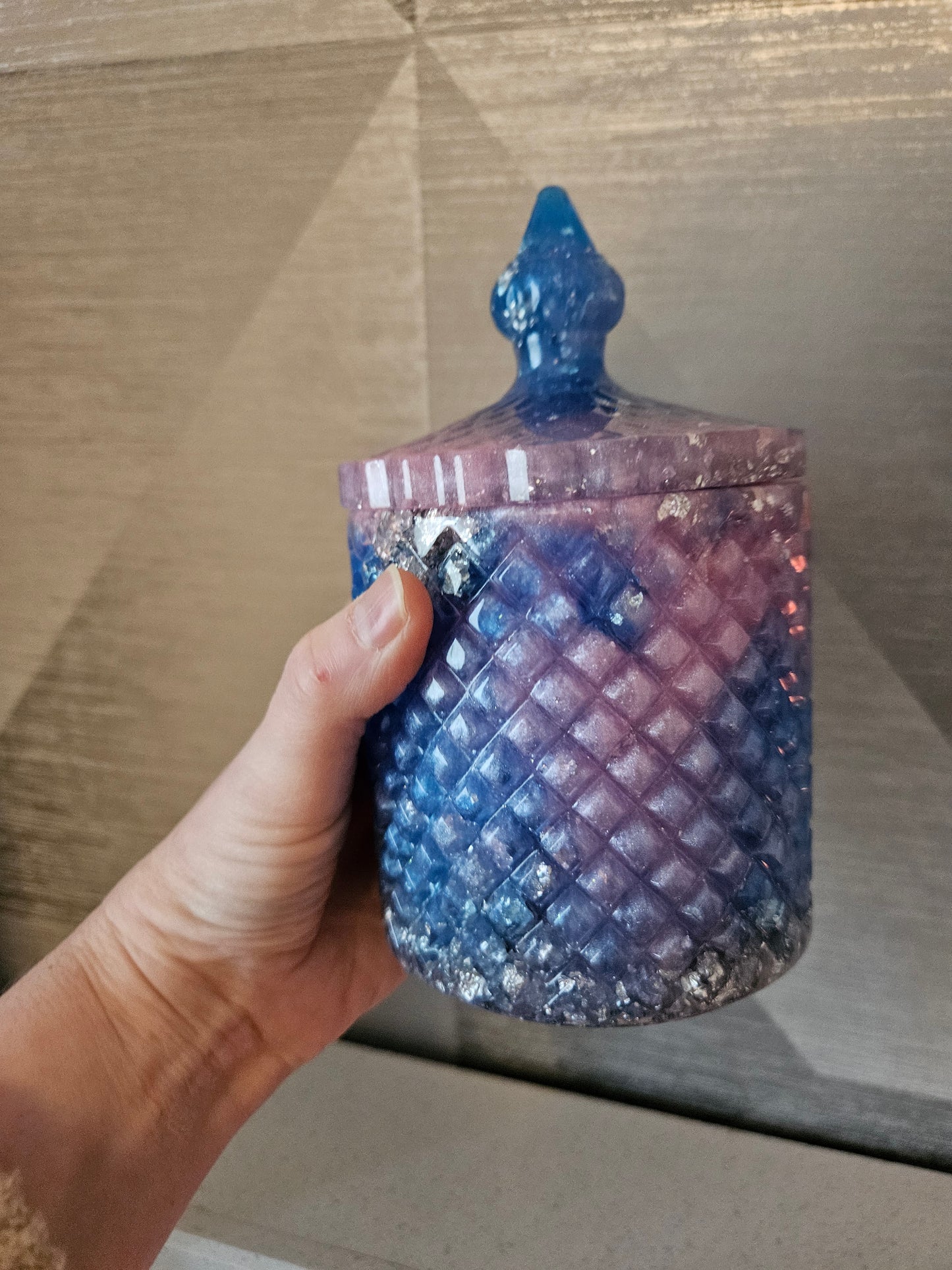 Antique vintage style resin trinket or storage pot/jar/Sparkly pink and blue and  silver marble effect design/ holds jewellery/handcrafted