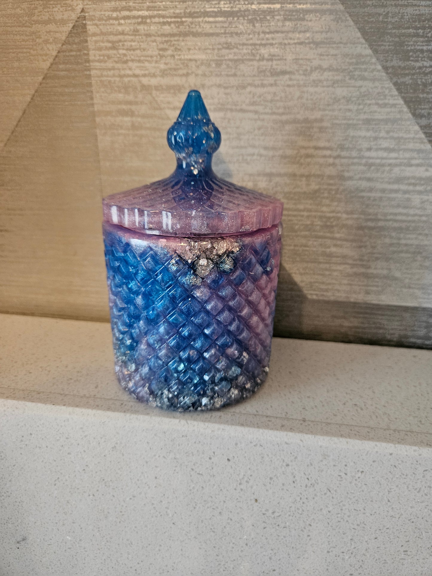Antique vintage style resin trinket or storage pot/jar/Sparkly pink and blue and  silver marble effect design/ holds jewellery/handcrafted