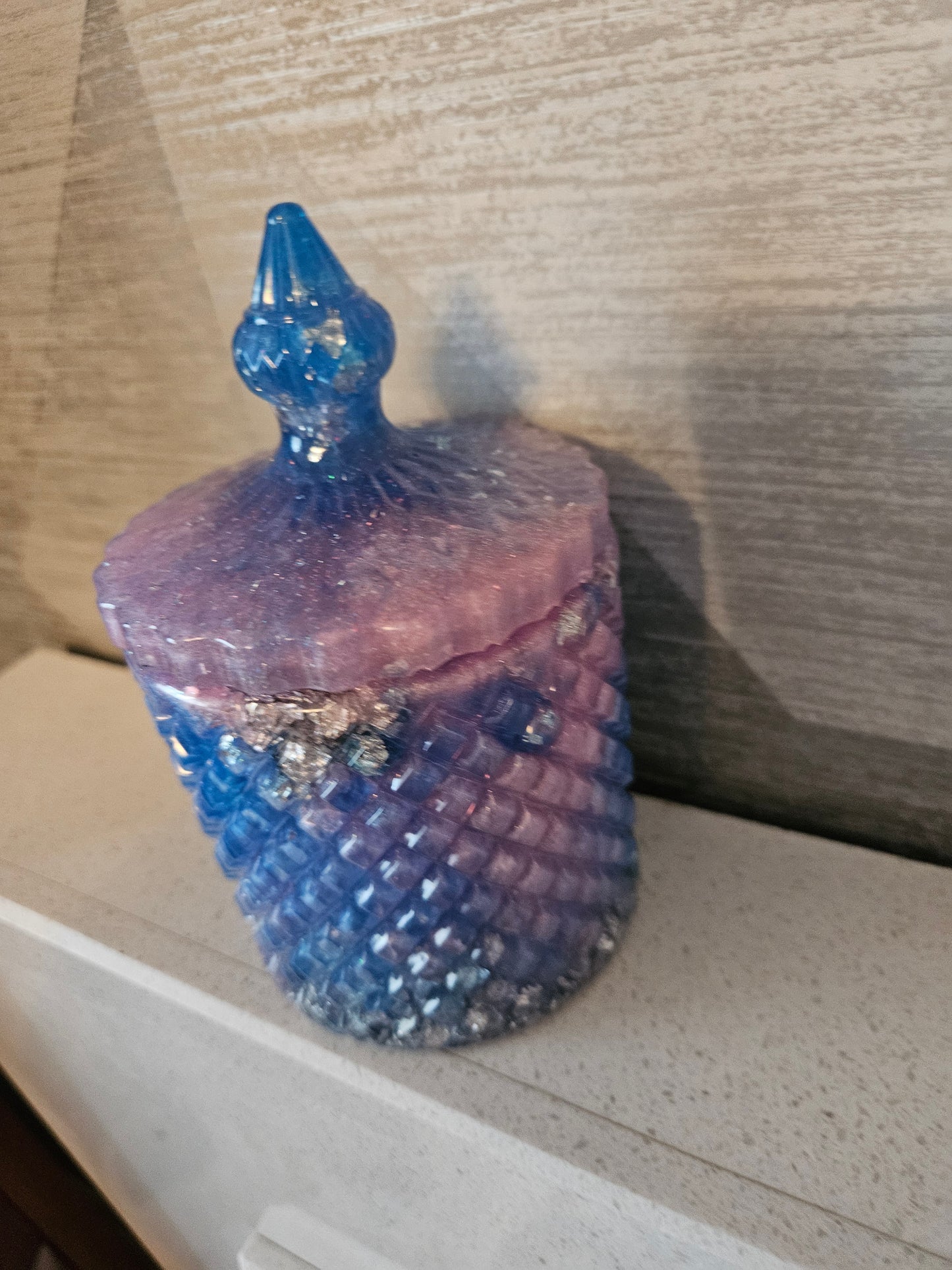 Antique vintage style resin trinket or storage pot/jar/Sparkly pink and blue and  silver marble effect design/ holds jewellery/handcrafted