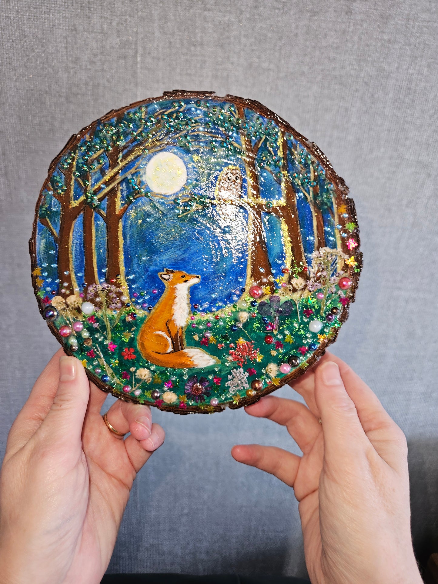 Large Wood Slice/hand painted plaque with fox and owl/whimsical and embellished painting/unique one of a kind, handcrafted artwork/new home or birthday gift for animal/whimsy lover