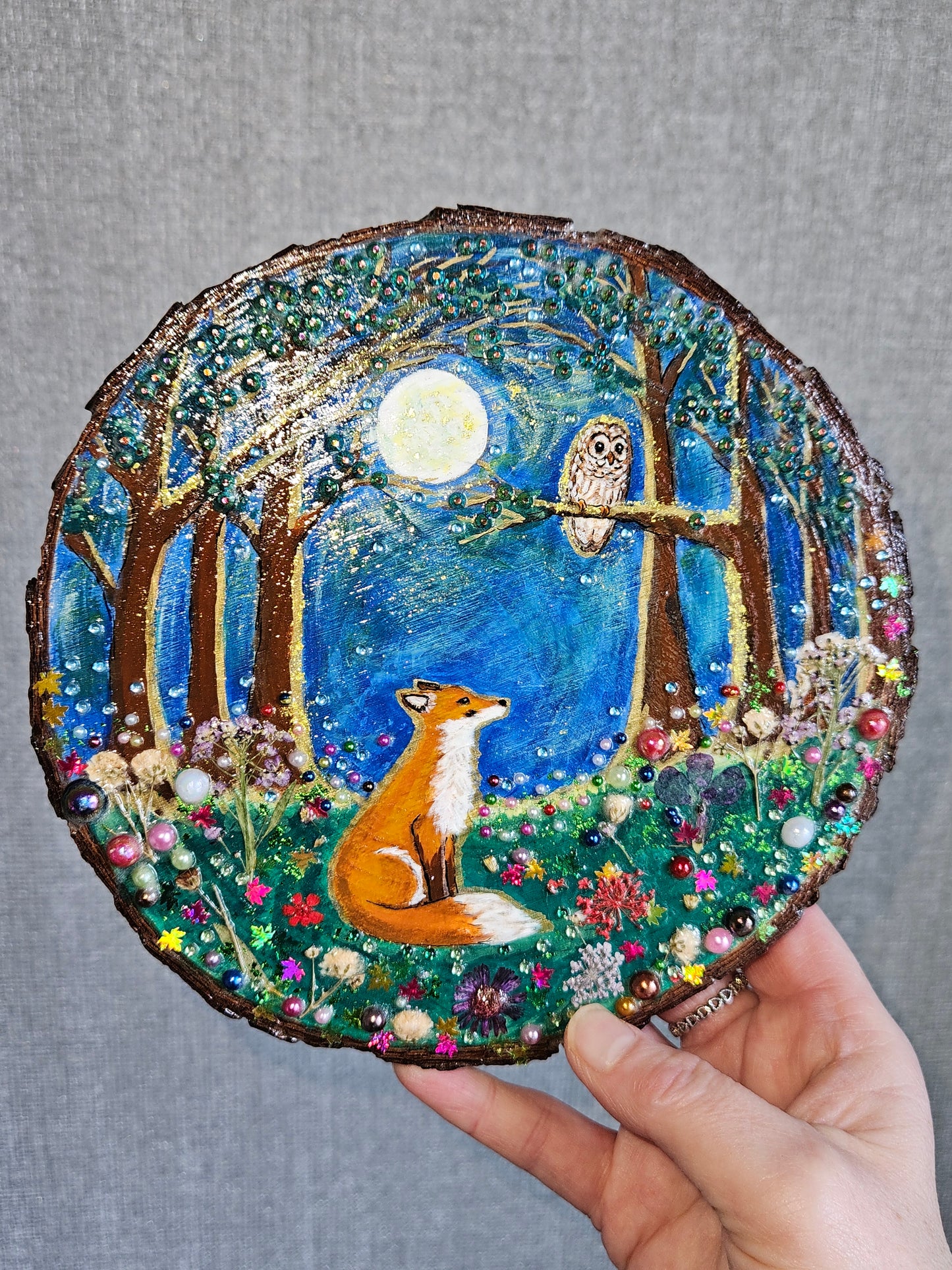 Large Wood Slice/hand painted plaque with fox and owl/whimsical and embellished painting/unique one of a kind, handcrafted artwork/new home or birthday gift for animal/whimsy lover