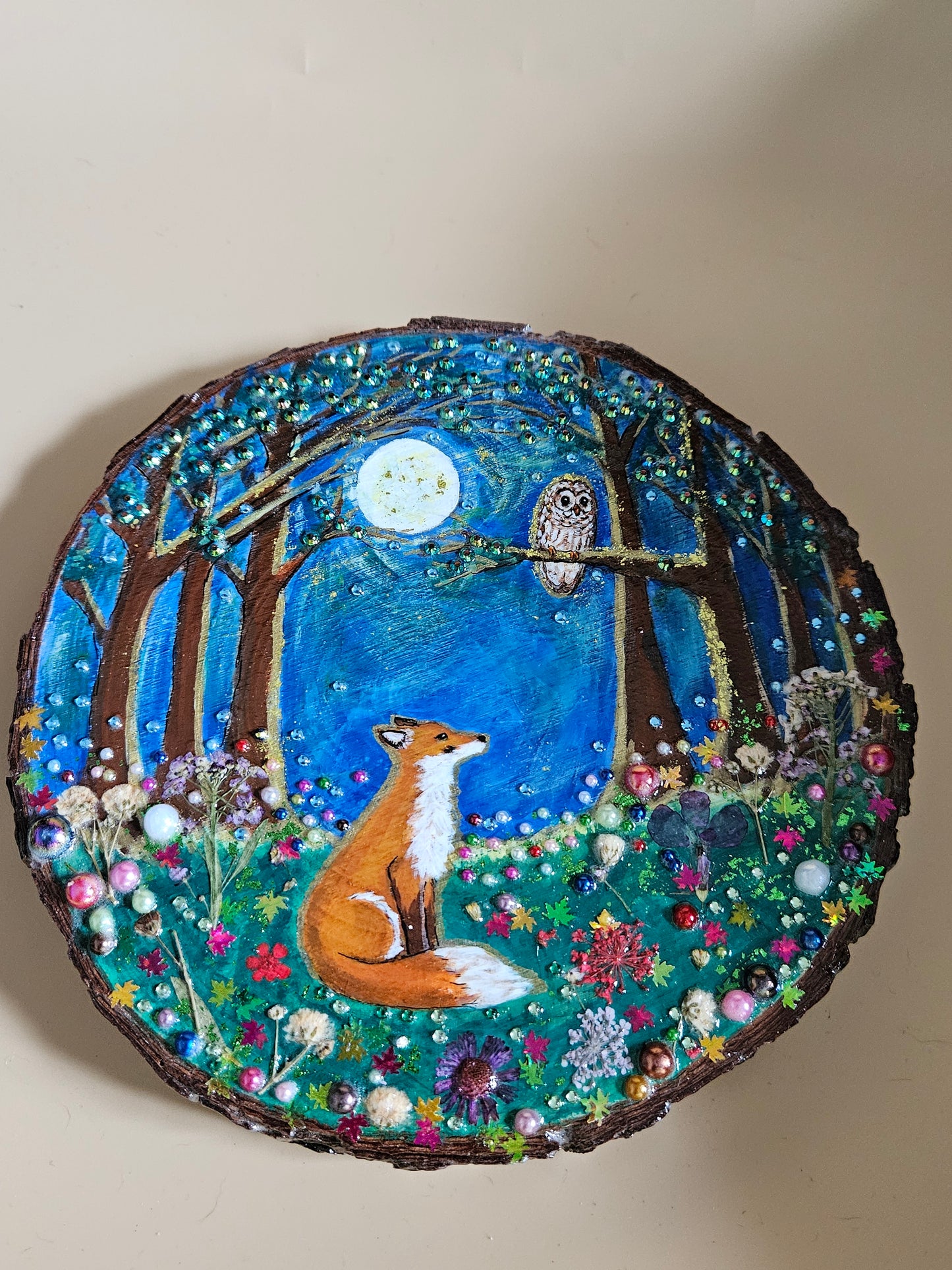 Large Wood Slice/hand painted plaque with fox and owl/whimsical and embellished painting/unique one of a kind, handcrafted artwork/new home or birthday gift for animal/whimsy lover