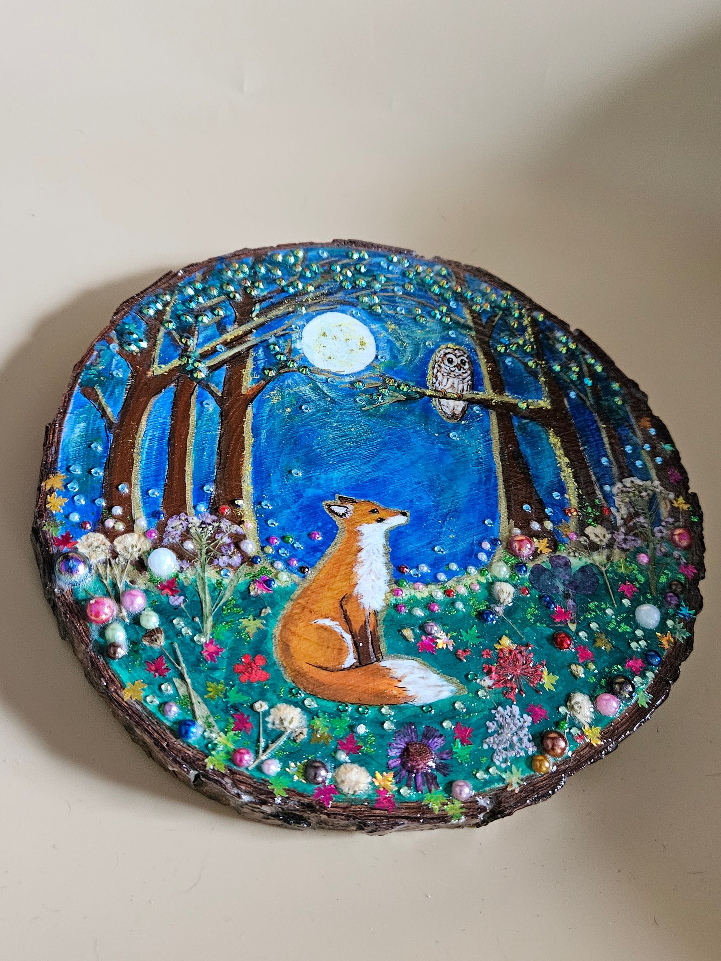 Large Wood Slice/hand painted plaque with fox and owl/whimsical and embellished painting/unique one of a kind, handcrafted artwork/new home or birthday gift for animal/whimsy lover