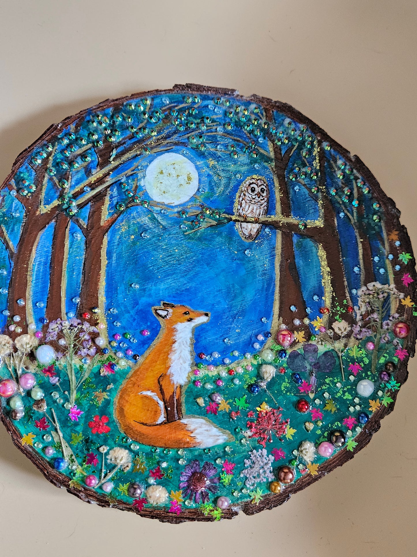 Large Wood Slice/hand painted plaque with fox and owl/whimsical and embellished painting/unique one of a kind, handcrafted artwork/new home or birthday gift for animal/whimsy lover