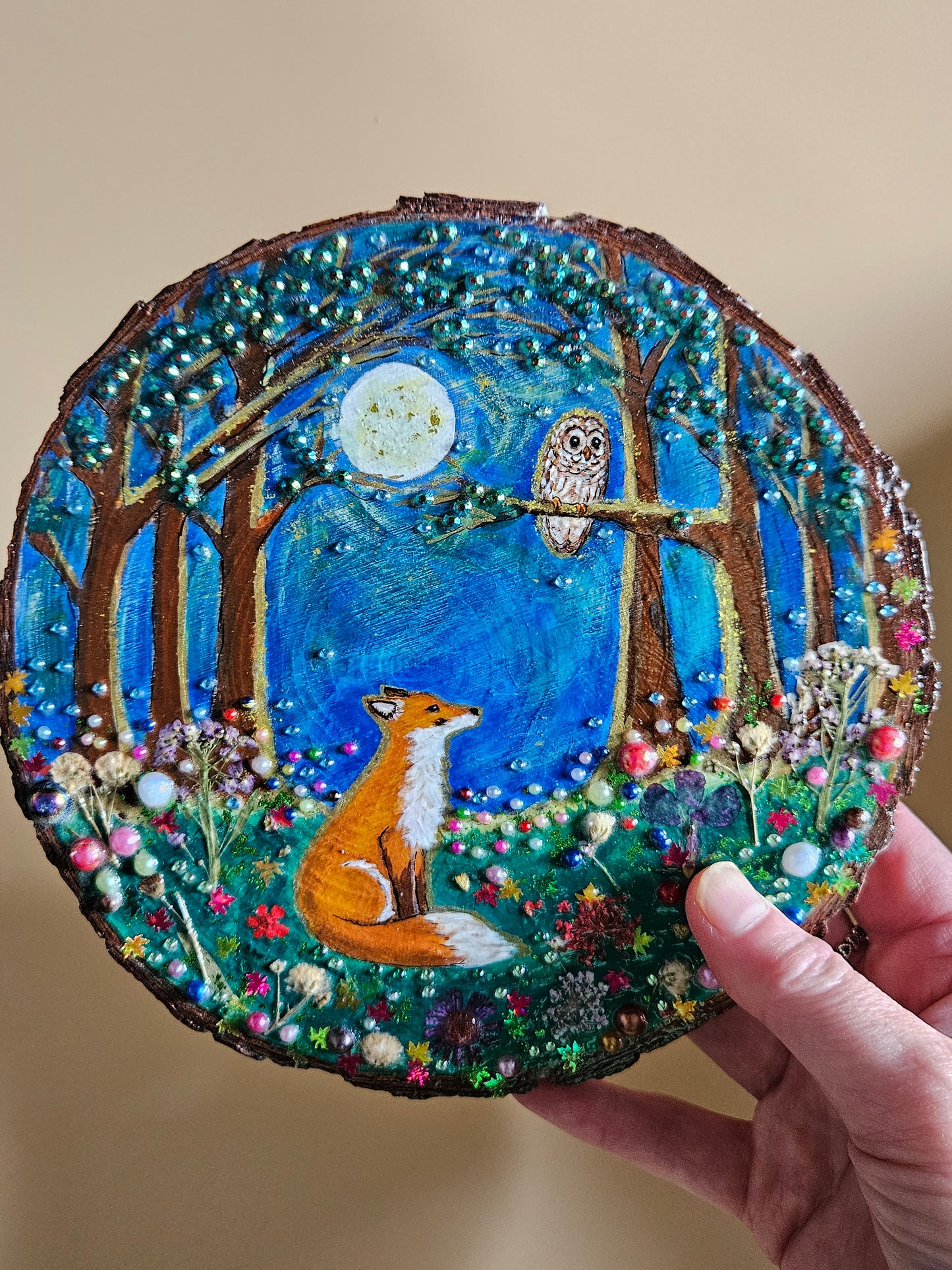 Large Wood Slice/hand painted plaque with fox and owl/whimsical and embellished painting/unique one of a kind, handcrafted artwork/new home or birthday gift for animal/whimsy lover