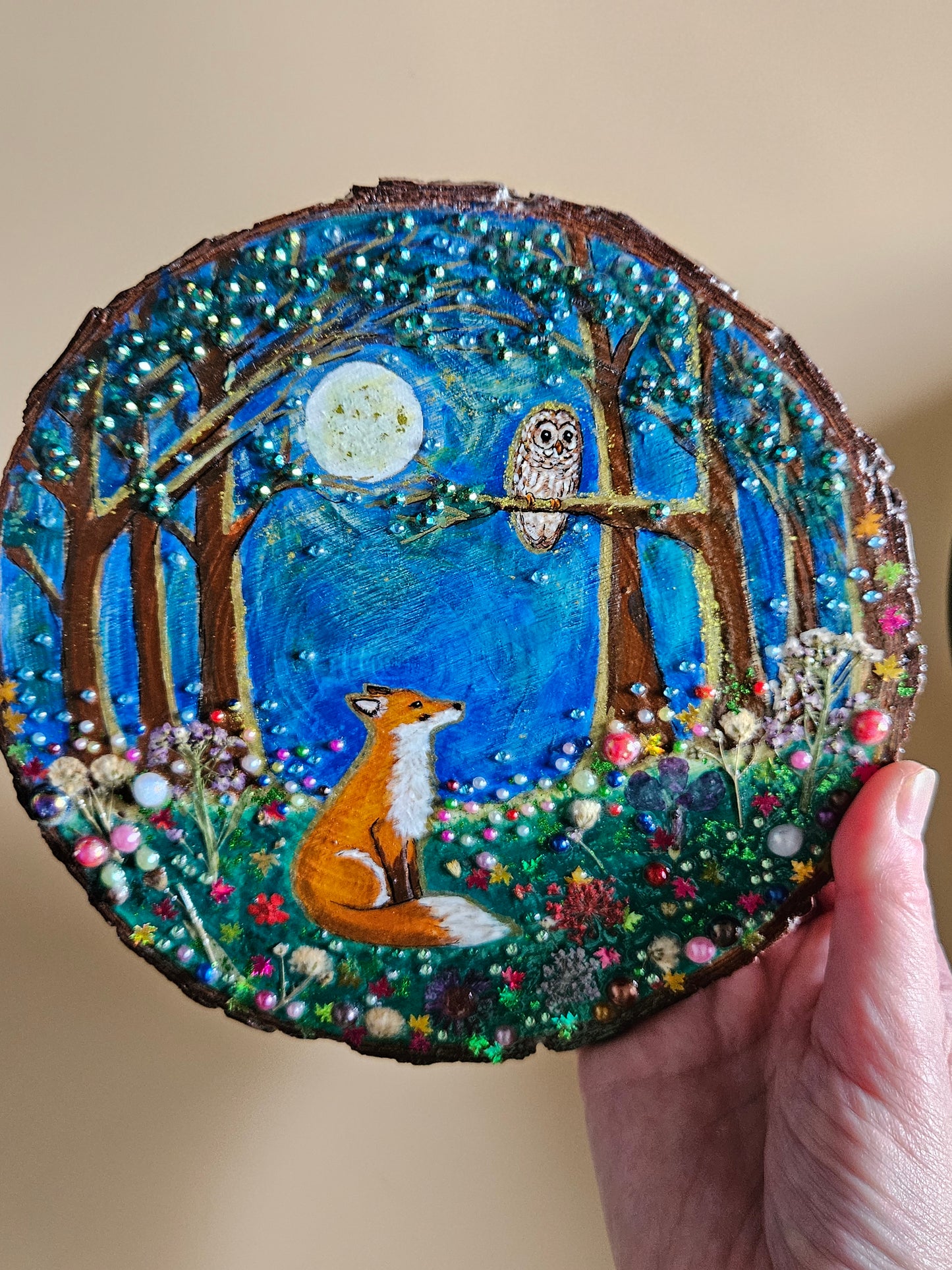 Large Wood Slice/hand painted plaque with fox and owl/whimsical and embellished painting/unique one of a kind, handcrafted artwork/new home or birthday gift for animal/whimsy lover