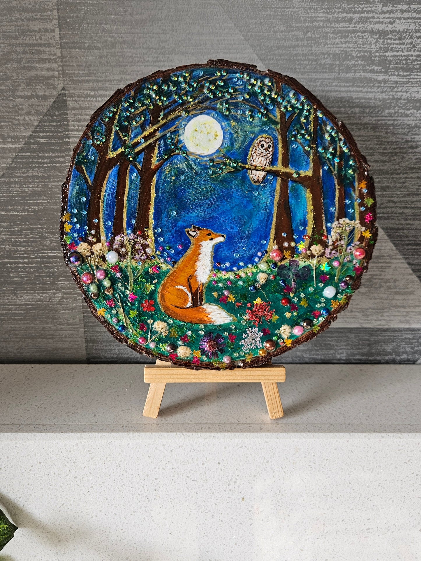 Large Wood Slice/hand painted plaque with fox and owl/whimsical and embellished painting/unique one of a kind, handcrafted artwork/new home or birthday gift for animal/whimsy lover