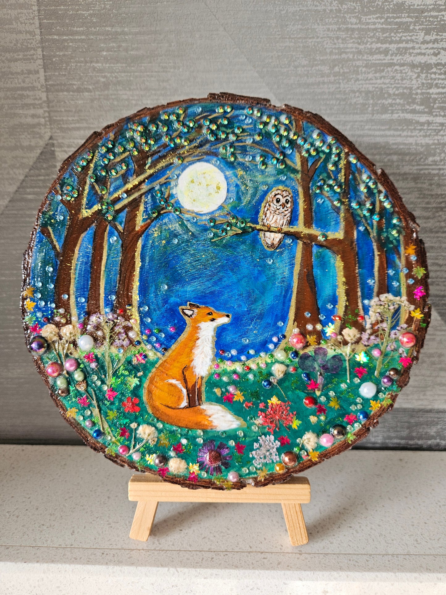 Large Wood Slice/hand painted plaque with fox and owl/whimsical and embellished painting/unique one of a kind, handcrafted artwork/new home or birthday gift for animal/whimsy lover