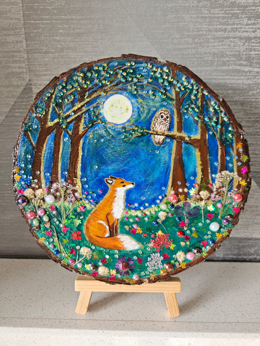 Large Wood Slice/hand painted plaque with fox and owl/whimsical and embellished painting/unique one of a kind, handcrafted artwork/new home or birthday gift for animal/whimsy lover