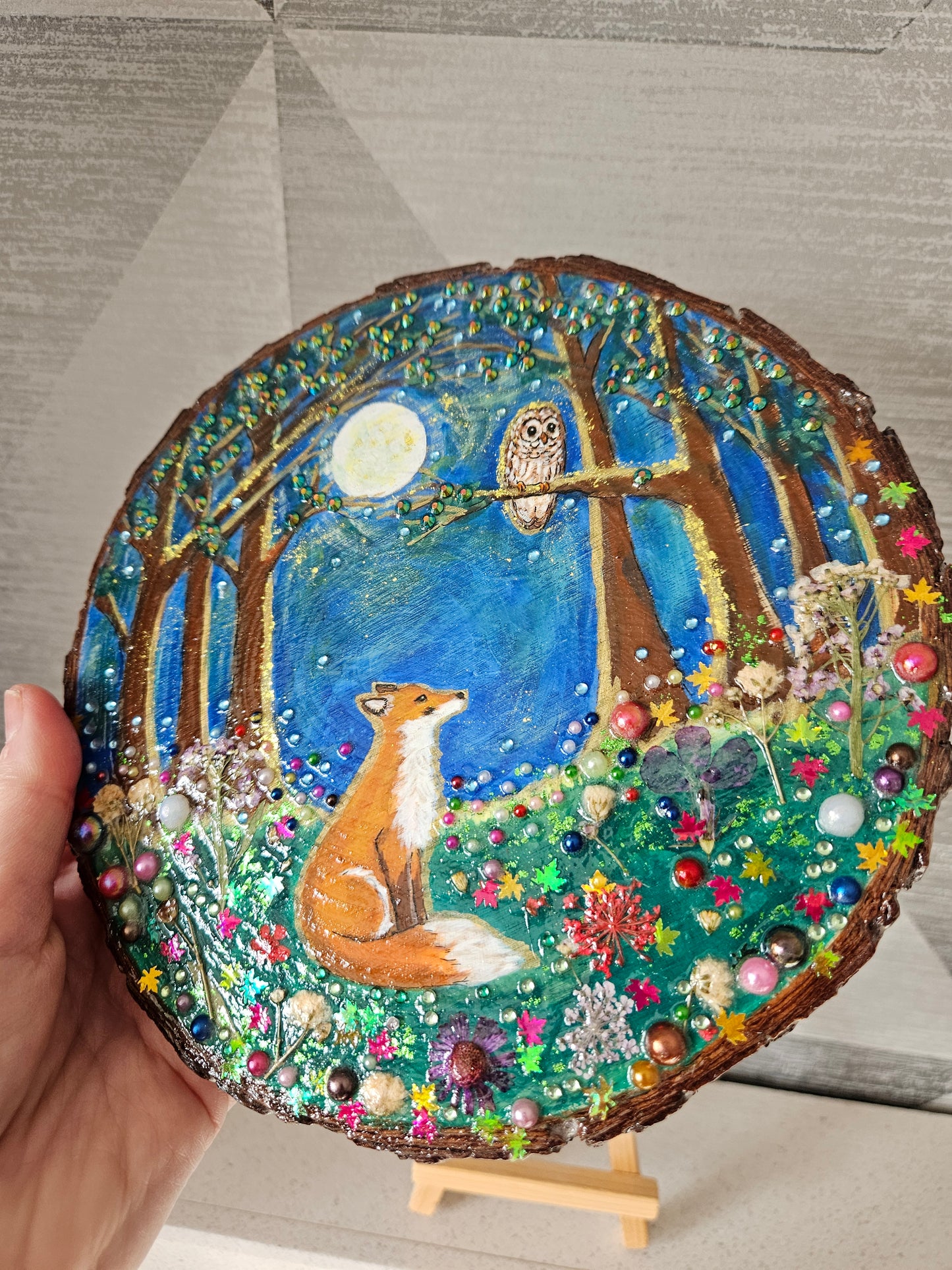 Large Wood Slice/hand painted plaque with fox and owl/whimsical and embellished painting/unique one of a kind, handcrafted artwork/new home or birthday gift for animal/whimsy lover