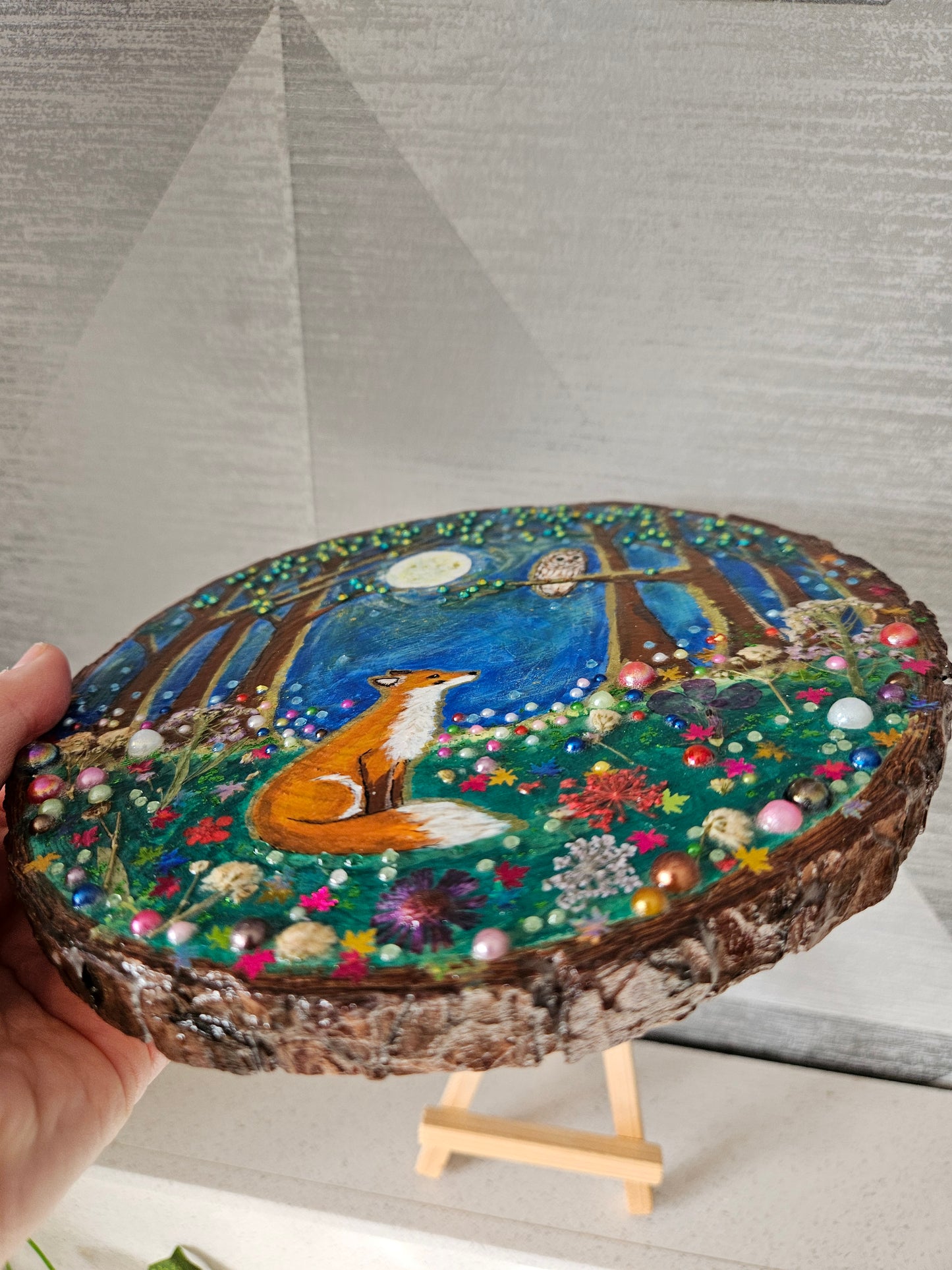 Large Wood Slice/hand painted plaque with fox and owl/whimsical and embellished painting/unique one of a kind, handcrafted artwork/new home or birthday gift for animal/whimsy lover