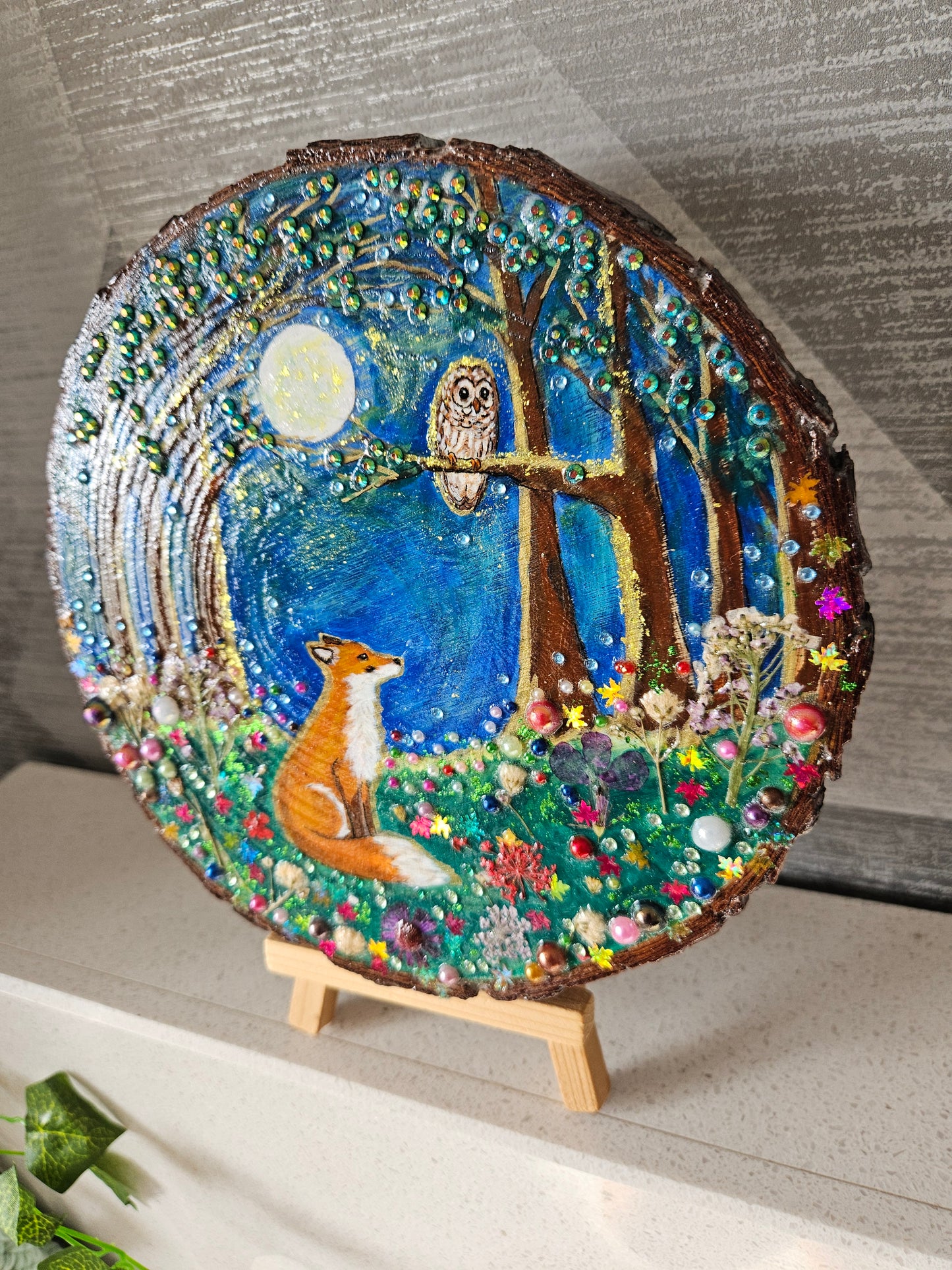 Large Wood Slice/hand painted plaque with fox and owl/whimsical and embellished painting/unique one of a kind, handcrafted artwork/new home or birthday gift for animal/whimsy lover