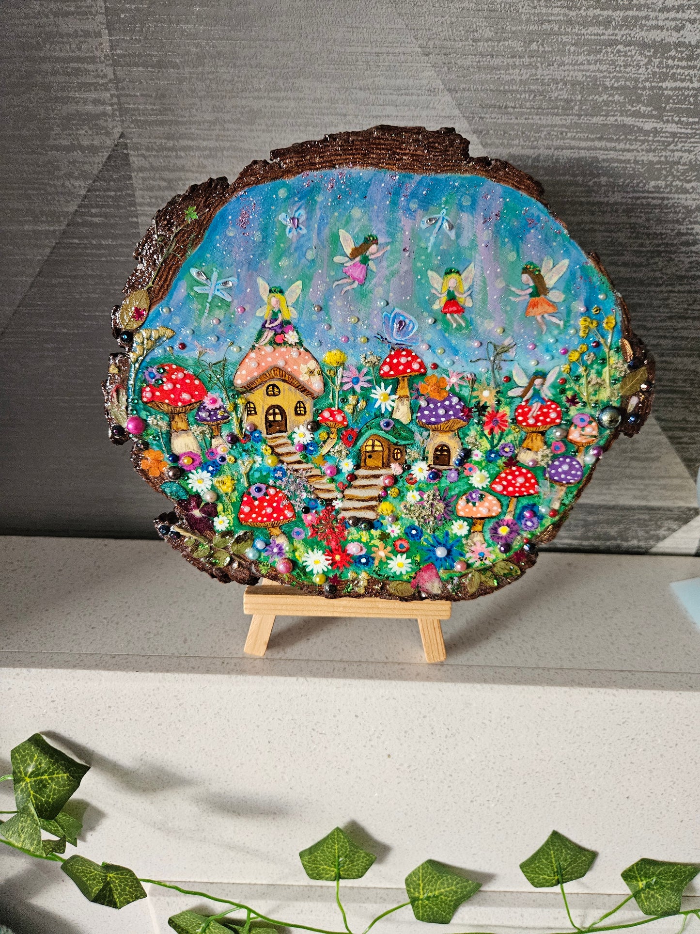 Large Wood Slice/hand painted plaque with fairies and mushroom houses/whimsical and embellished painting/unique one of a kind, handcrafted artwork/new home or birthday gift for animal/whimsy lover