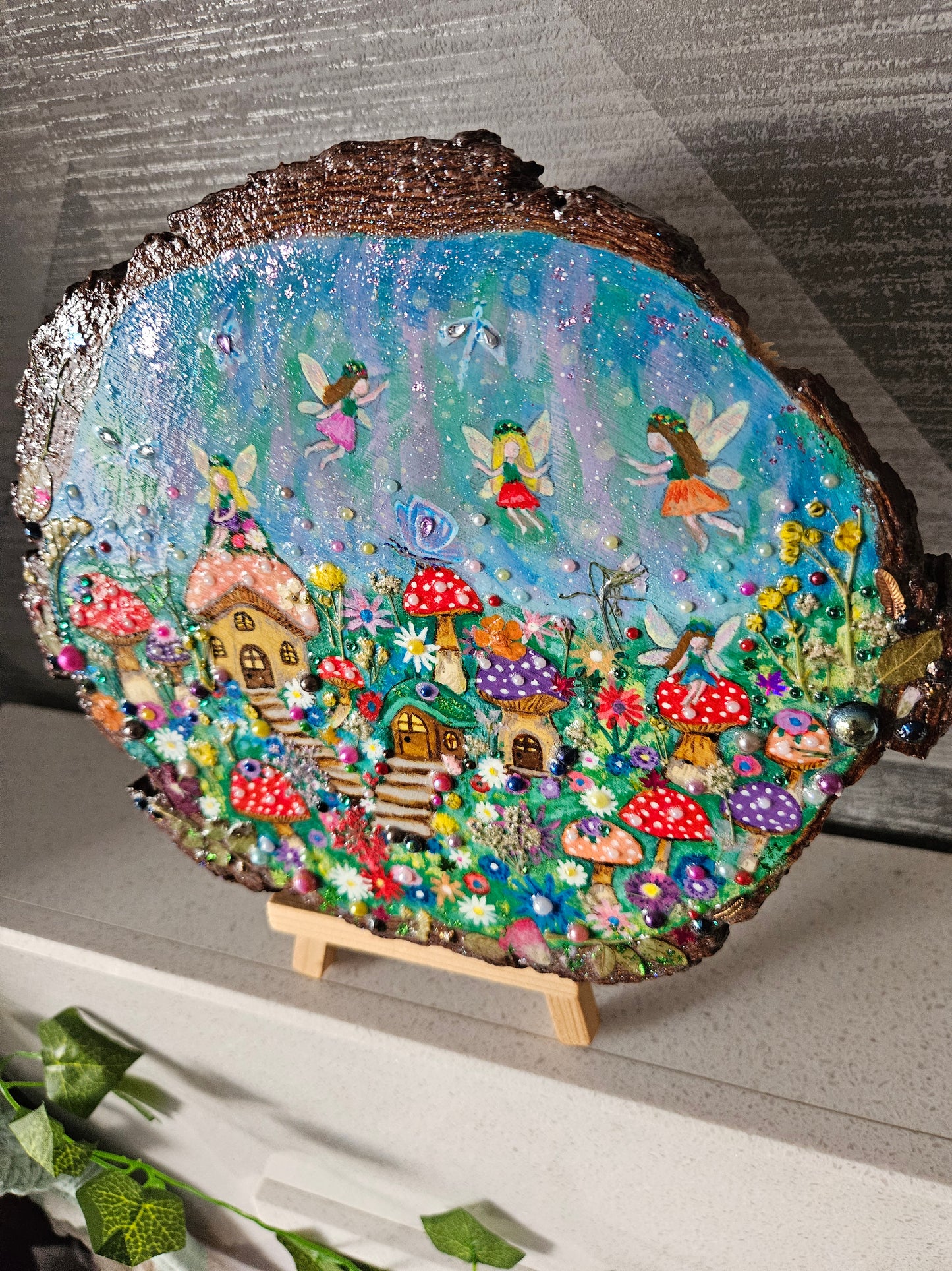 Large Wood Slice/hand painted plaque with fairies and mushroom houses/whimsical and embellished painting/unique one of a kind, handcrafted artwork/new home or birthday gift for animal/whimsy lover
