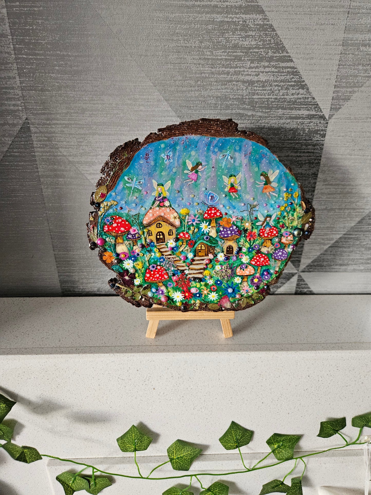 Large Wood Slice/hand painted plaque with fairies and mushroom houses/whimsical and embellished painting/unique one of a kind, handcrafted artwork/new home or birthday gift for animal/whimsy lover
