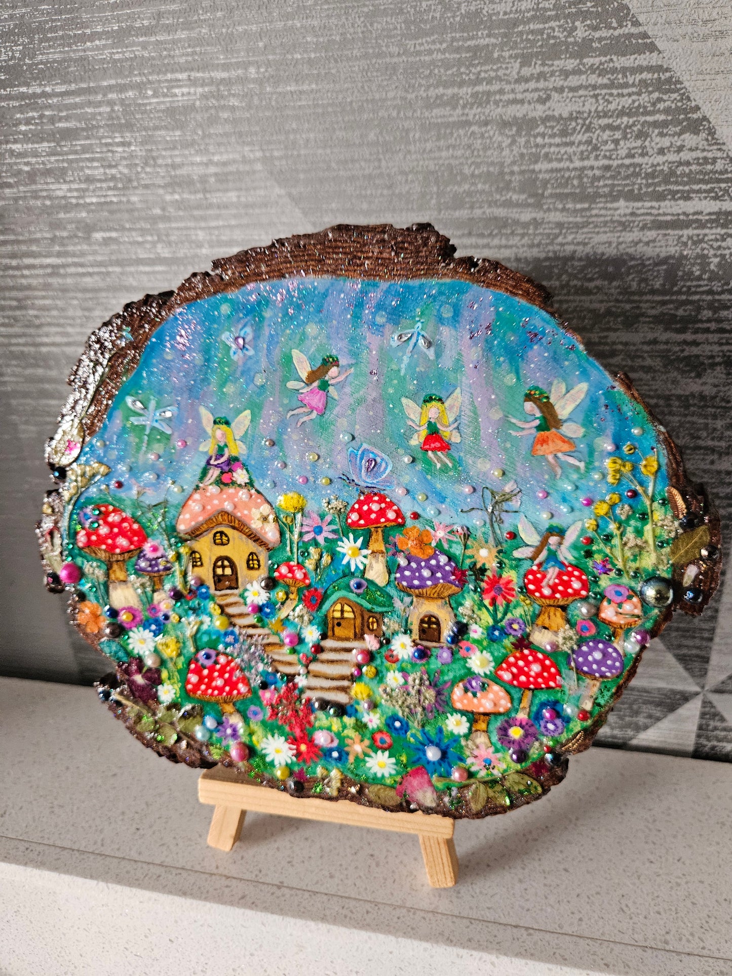 Large Wood Slice/hand painted plaque with fairies and mushroom houses/whimsical and embellished painting/unique one of a kind, handcrafted artwork/new home or birthday gift for animal/whimsy lover