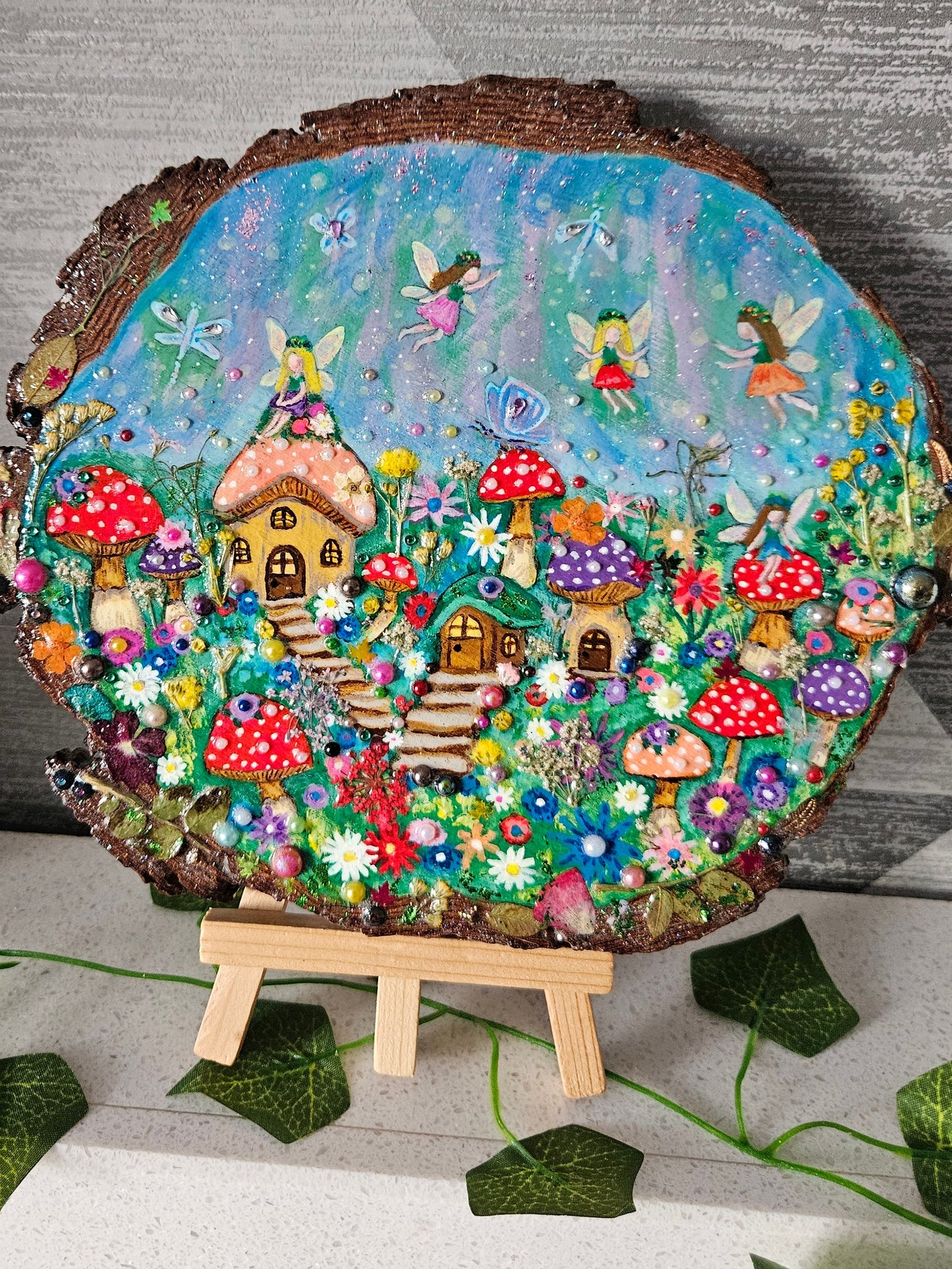Large Wood Slice/hand painted plaque with fairies and mushroom houses/whimsical and embellished painting/unique one of a kind, handcrafted artwork/new home or birthday gift for animal/whimsy lover