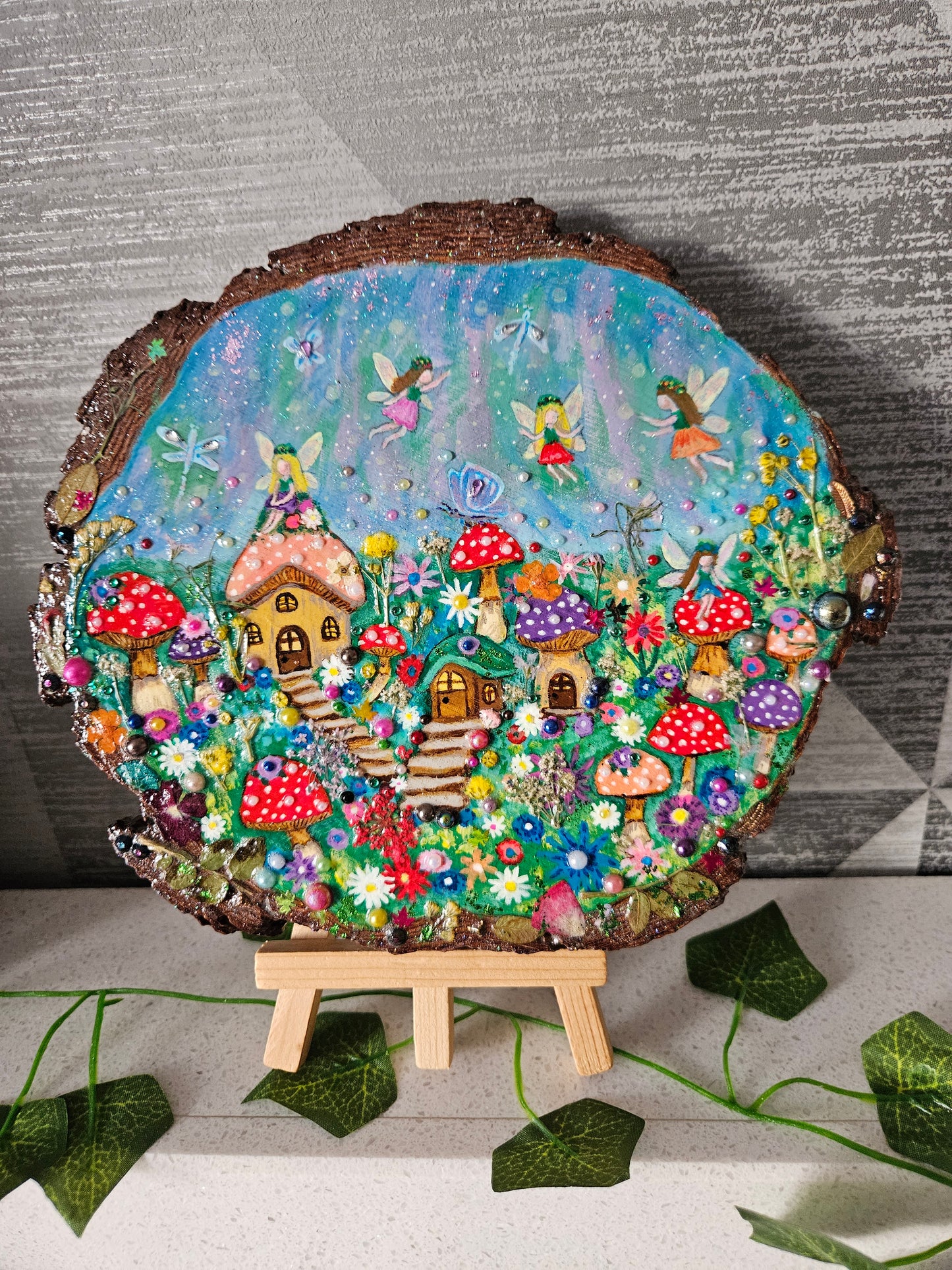 Large Wood Slice/hand painted plaque with fairies and mushroom houses/whimsical and embellished painting/unique one of a kind, handcrafted artwork/new home or birthday gift for animal/whimsy lover