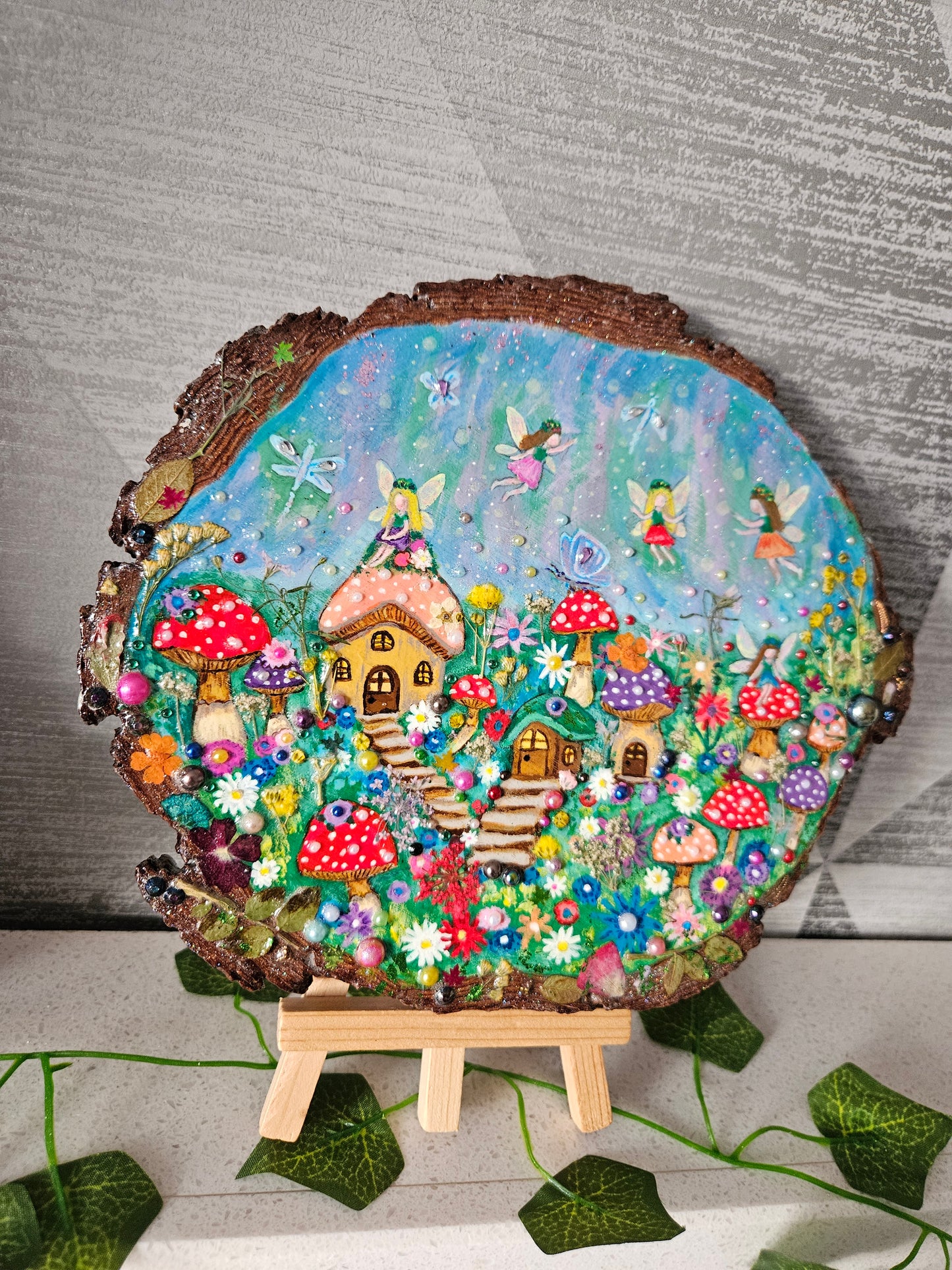 Large Wood Slice/hand painted plaque with fairies and mushroom houses/whimsical and embellished painting/unique one of a kind, handcrafted artwork/new home or birthday gift for animal/whimsy lover