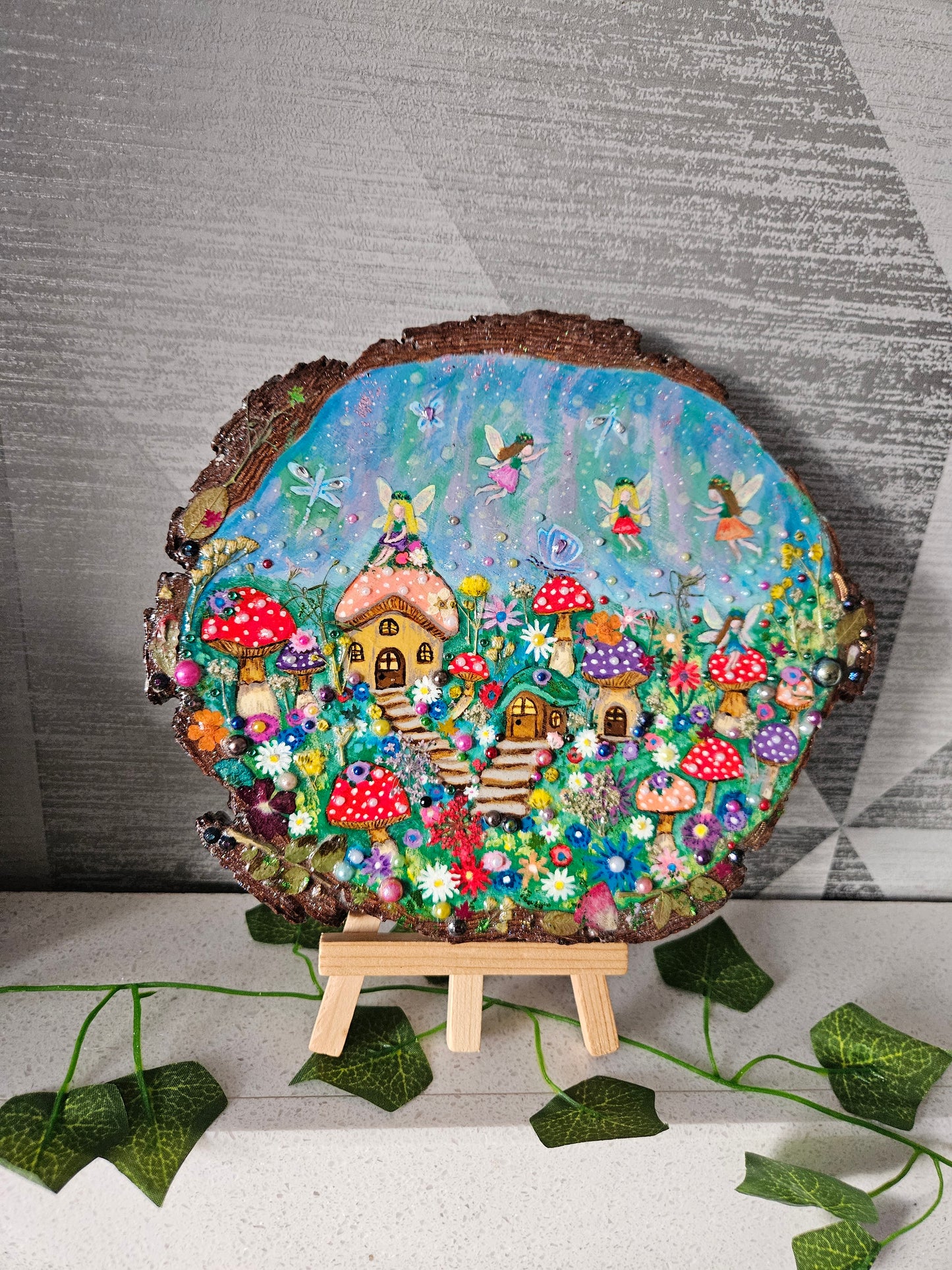 Large Wood Slice/hand painted plaque with fairies and mushroom houses/whimsical and embellished painting/unique one of a kind, handcrafted artwork/new home or birthday gift for animal/whimsy lover