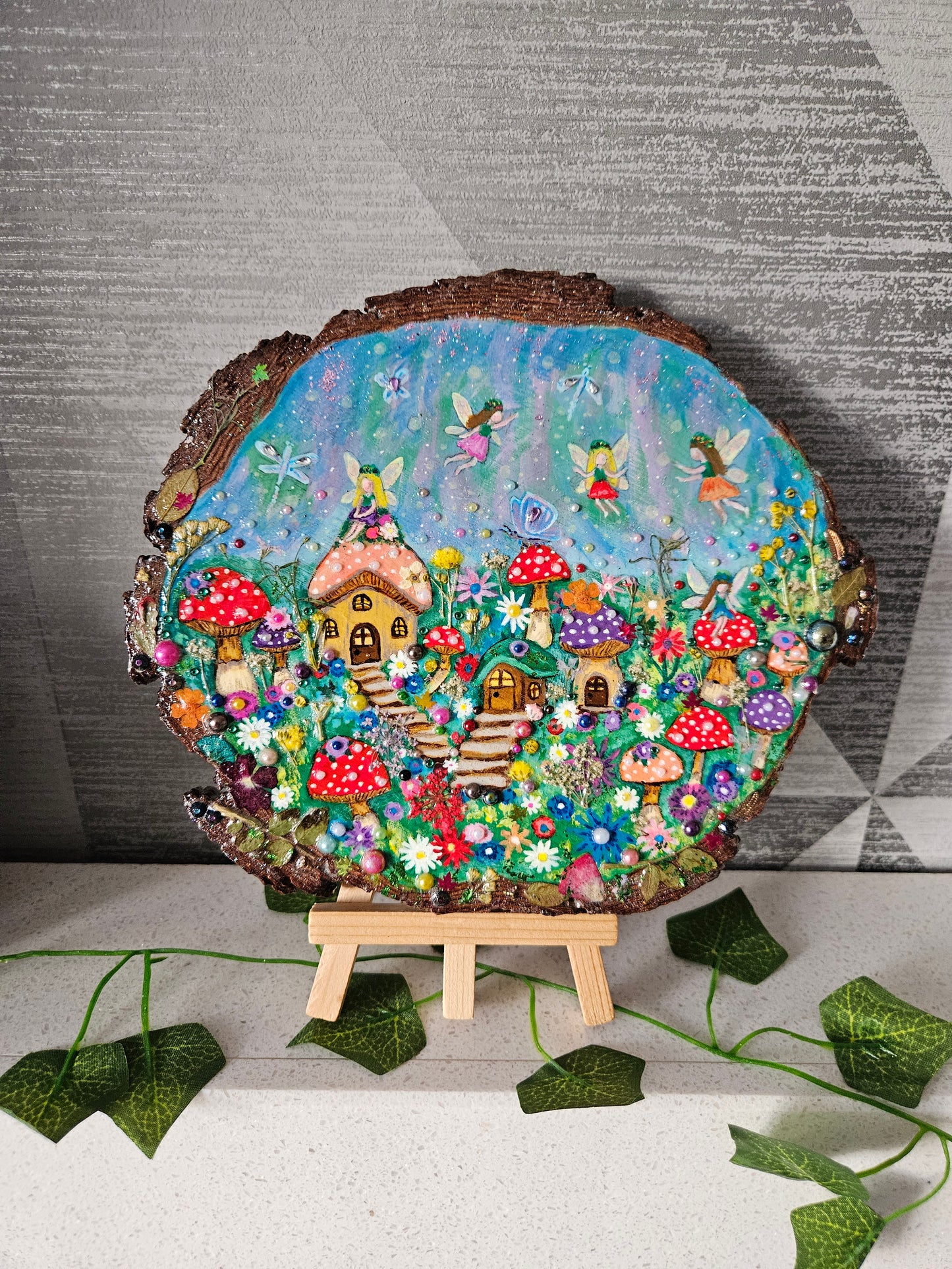 Large Wood Slice/hand painted plaque with fairies and mushroom houses/whimsical and embellished painting/unique one of a kind, handcrafted artwork/new home or birthday gift for animal/whimsy lover