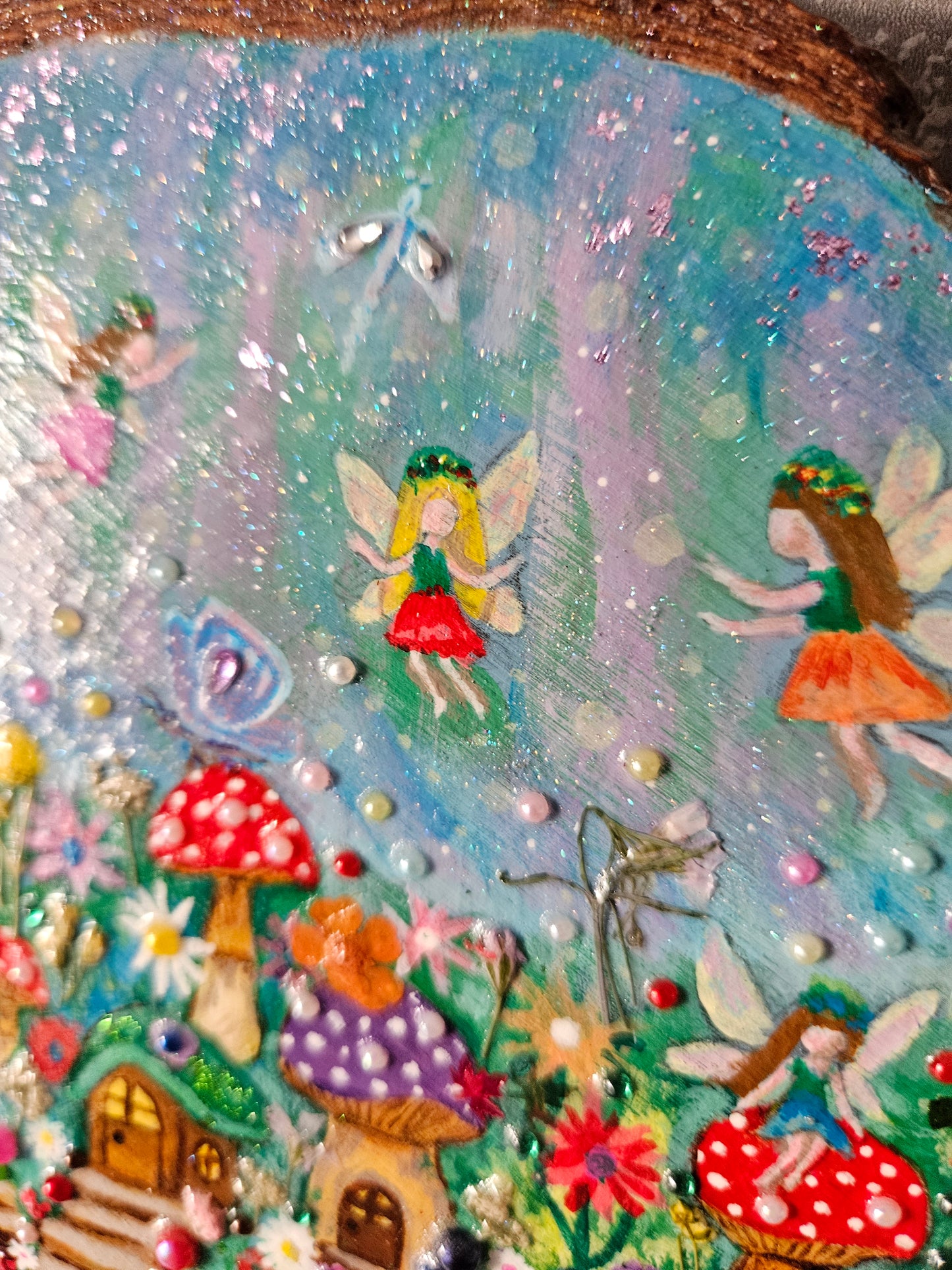 Large Wood Slice/hand painted plaque with fairies and mushroom houses/whimsical and embellished painting/unique one of a kind, handcrafted artwork/new home or birthday gift for animal/whimsy lover