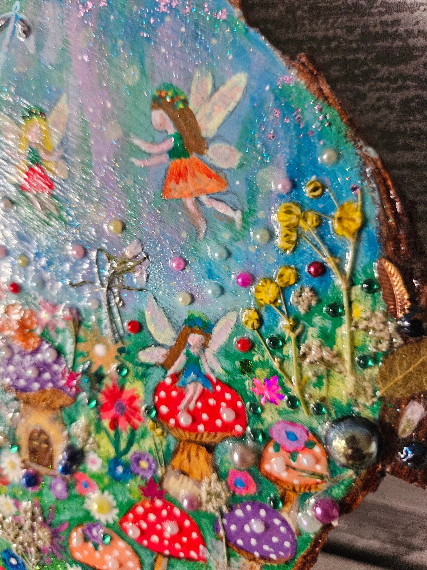 Large Wood Slice/hand painted plaque with fairies and mushroom houses/whimsical and embellished painting/unique one of a kind, handcrafted artwork/new home or birthday gift for animal/whimsy lover
